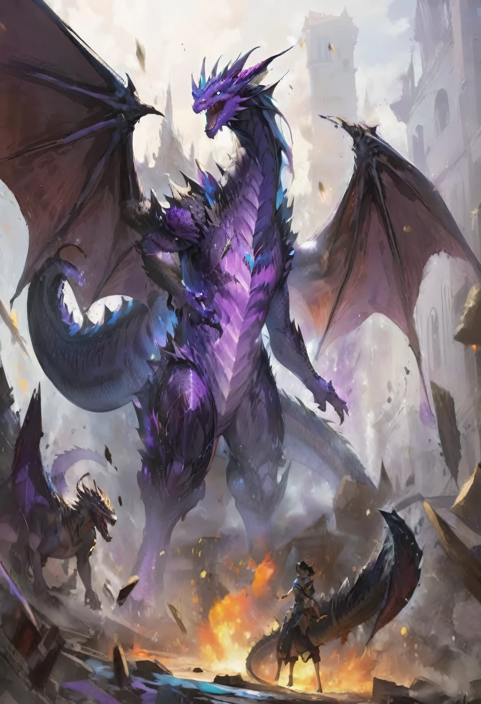 people々々close up of a dragon attacking a group of people々, epic dragon, background dragon, d&ddragon artコミッション, legendary dragon, purple flames around the magic arena, giant dragon in the background, charging through a dragon lair, dragon art, giant dragon as background, battle with dragon, dragon dora, wyvern, very cute purple dragon, dragon,explosion,大explosion,rubble,debris,impact,bless,spark,spark,hot