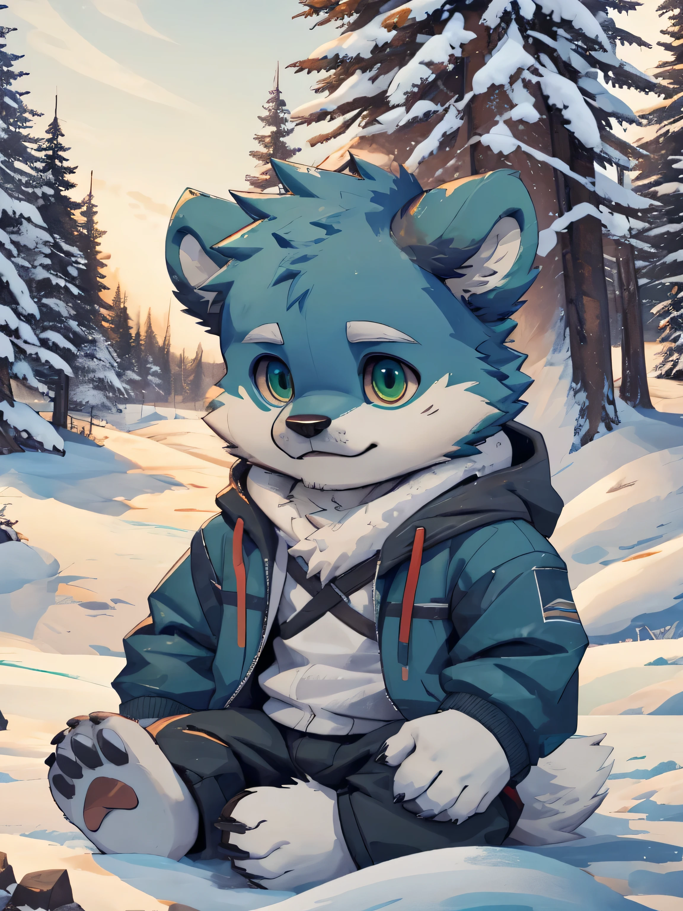 Furry again,alone,Shota,arctic bear,emerald green eyes(Realistic and accurate eye details),bounce,Wear snow skiing clothes.,Sitting in a pile of snow under a pine tree,It&#39;s snowing,evening,Yeonsaeng,HDR,4k,chibi