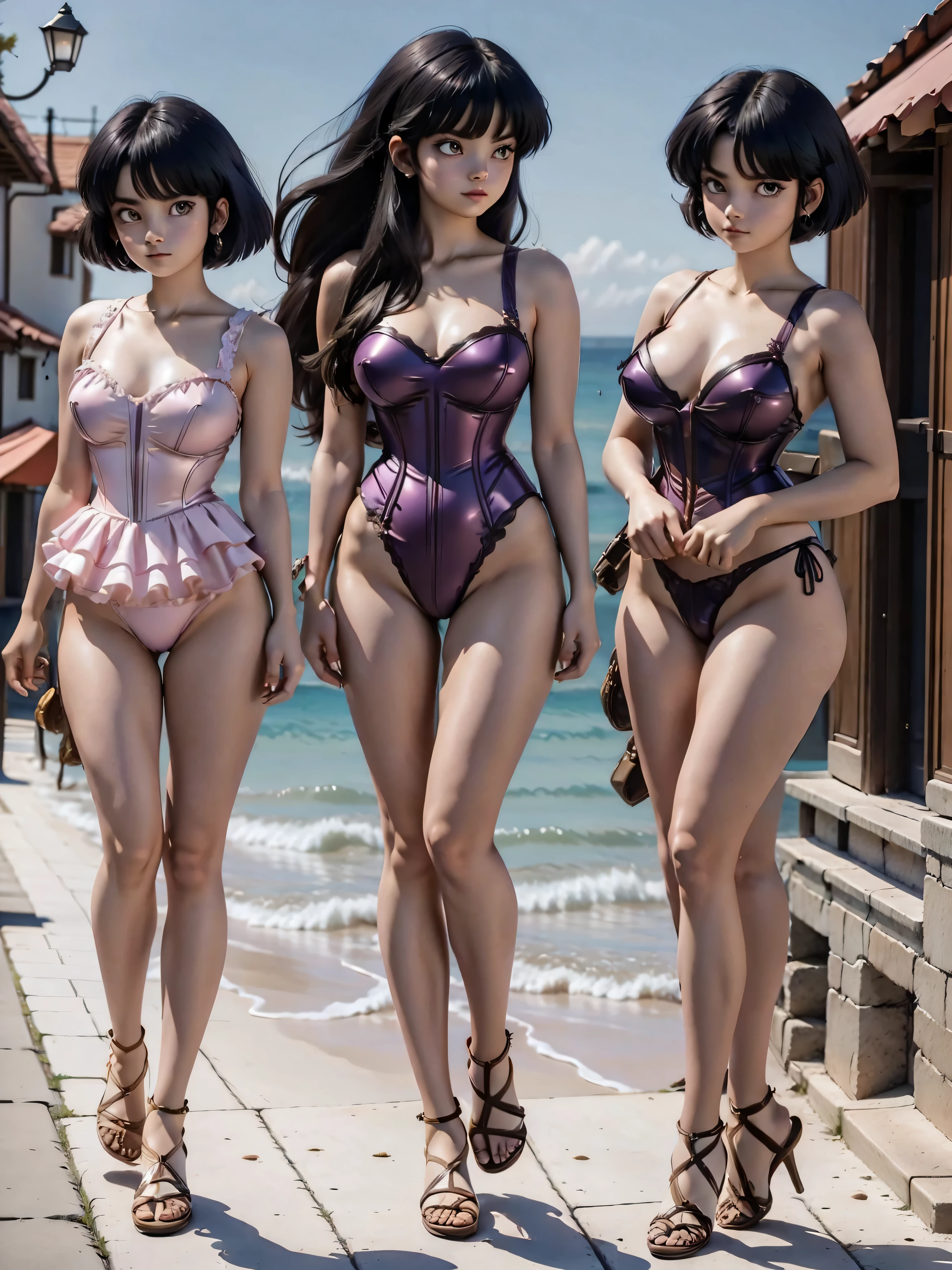Dark-haired anime girl in pink swimsuit and corset, , corpo bonito, seios grandes, com hand in panties , hand in hair, Garota sensual, purple cabelo, mechas de cabelo laterais, mechas de cabelo na lateral do rosto, beautiful lighting, sombras suaves, olhos azuis, pernas bonitas, cabelo curto, estilo anime, personagem Akane Tendo, Autora Rumiko Takahashi, Baseado em obra de Rumiko Takahashi, Anime Ranma 1/ 2, decote sensual, quadril robusto, corpo inteiro, corpo inteiro, busto grande, garota jovem com corpo belo e bonito, sandals on his feet, garota 16 anos usando maiô e corset pink, garota anime, estilo anime, beautiful feet in sandals, 45° viewing angle, ao ar livre, peito grande, seios bonitos, cabelo preto, sandals on the feet, pernas bonitas, sensual, belas pernas, Sandalias, seios grandes, corpo completo, corpo inteiro, feet with sandals, anime realista, saia, sarja roxa, personagem realista sensual, postura reta, ao ar livre, calcinha pink, hand in panties