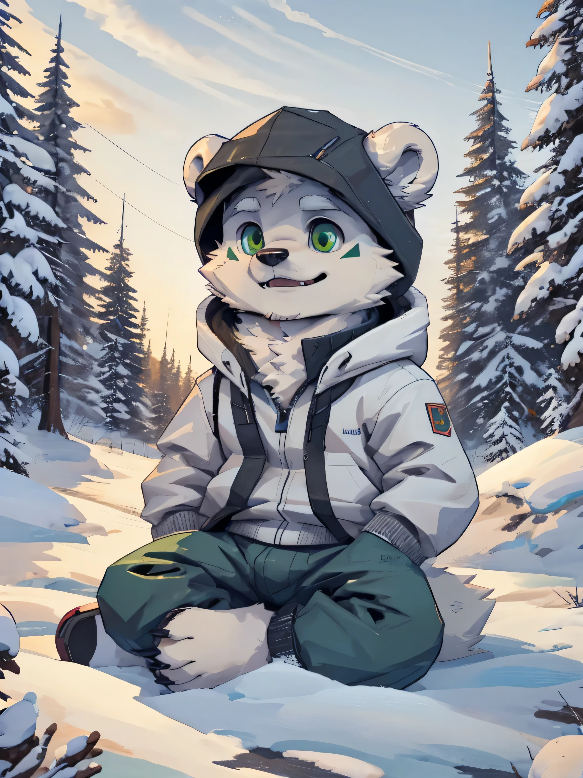 Furry again,alone,Shota,arctic bear,emerald green eyes(Realistic and accurate eye details),bounce,Wear snow skiing clothes.,Sitting in a pile of snow under a pine tree,It&#39;s snowing,evening,Yeonsaeng,HDR,4k,chibi