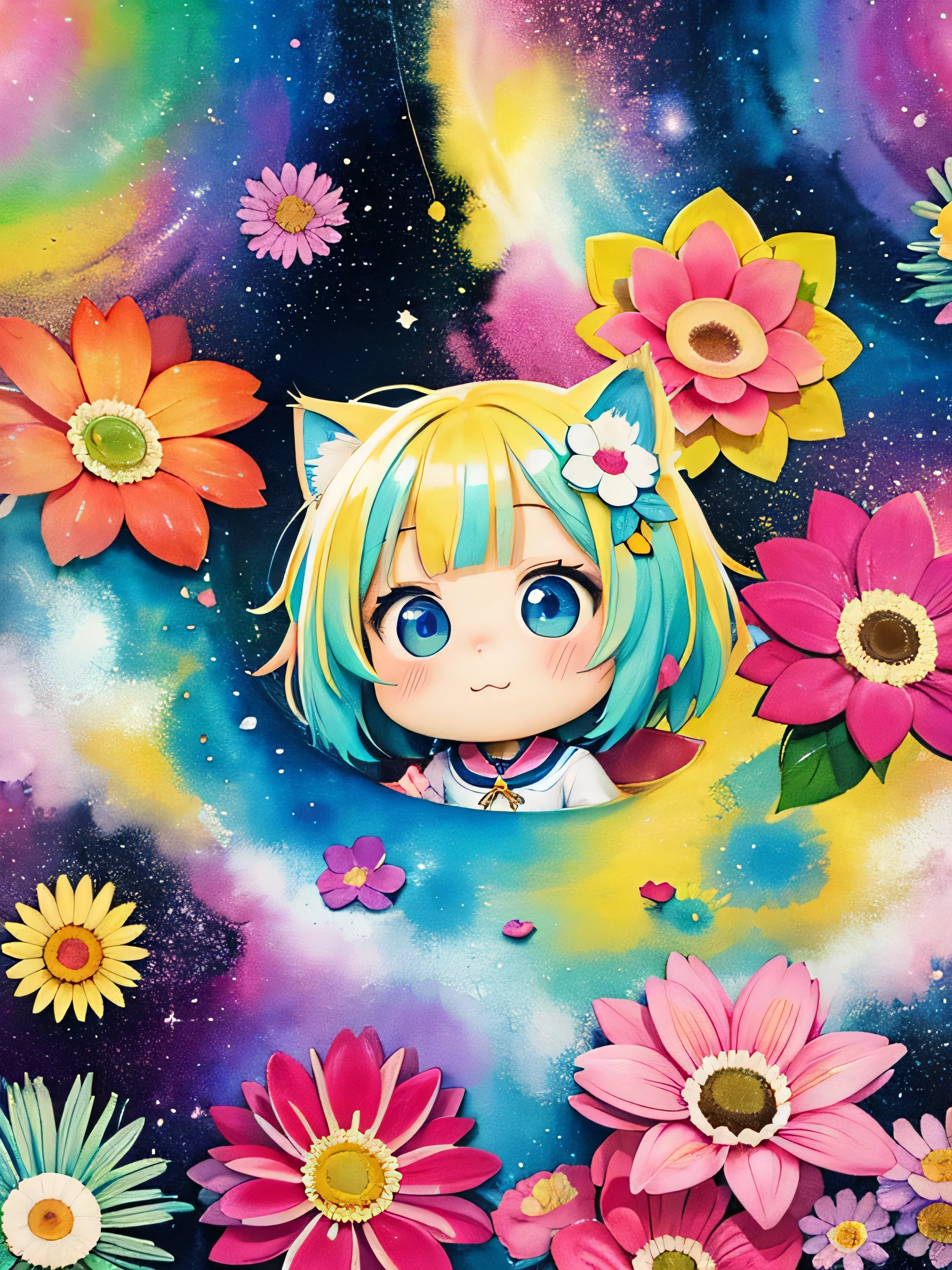 8K quality, Takashi murakami'illustration of, intense watercolor, watercolor detailed art, watercolor splash, surreal, avant-garde pop art, Beautiful and expressive paintings, 美しいアートワークillustration of, very colorful tones, wonderful, cool beauty, highest quality,official art, vector art,stylish design, (((Chibi)))、(((1 cute kitten))), (((highest quality))), HDR, ((Detailed details)), (((graffiti art))), ((masterpiece))、((Super detailed))、(((colorful flowers)))、(((universe)))