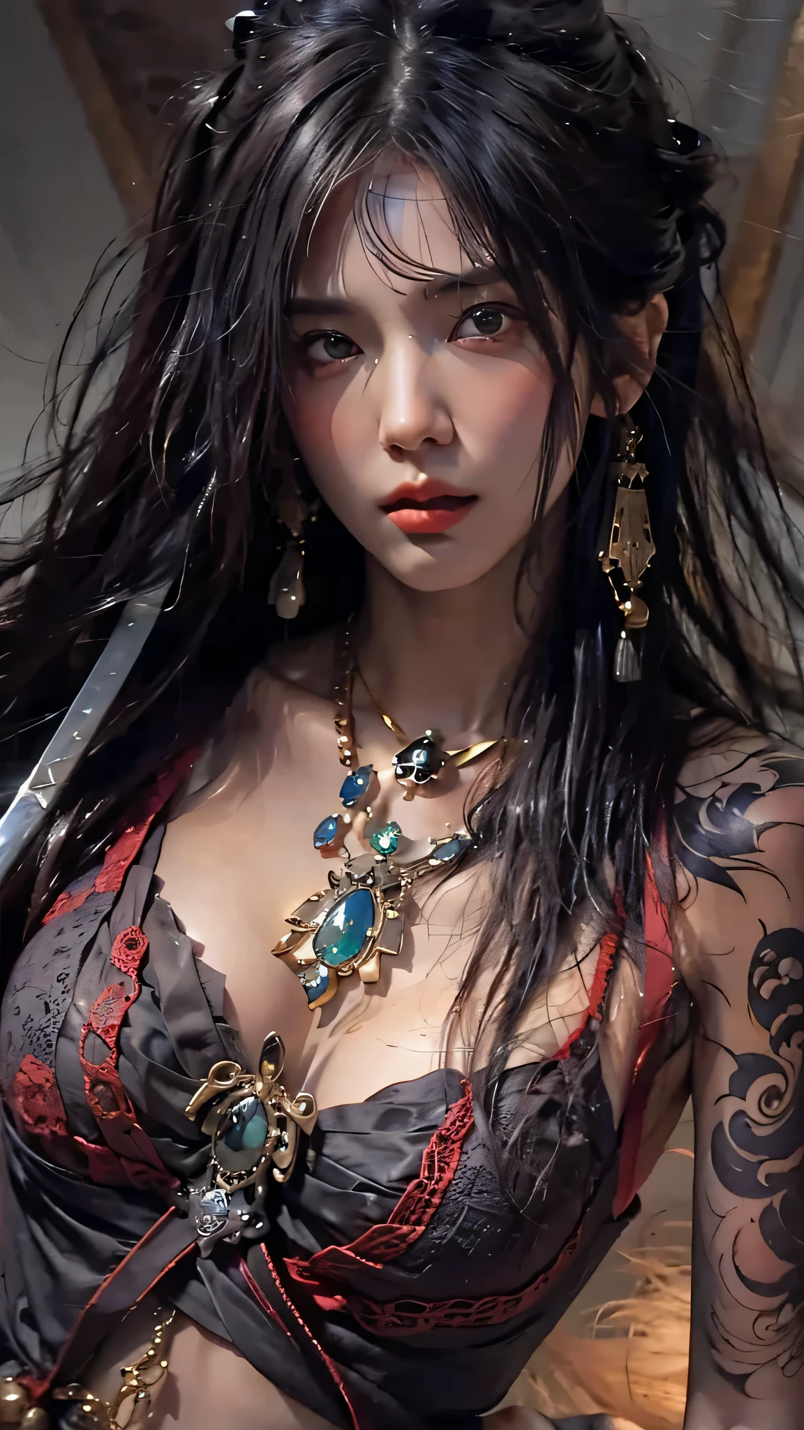 photorealistic, high resolution, soft light,1women, solo, hips up, (detailed face), jewelry, tattoo,black pirates clothing, black hair, super long hair, looking viewers, tatto, messy hair, close up, small breast, adult, holding pirates sword