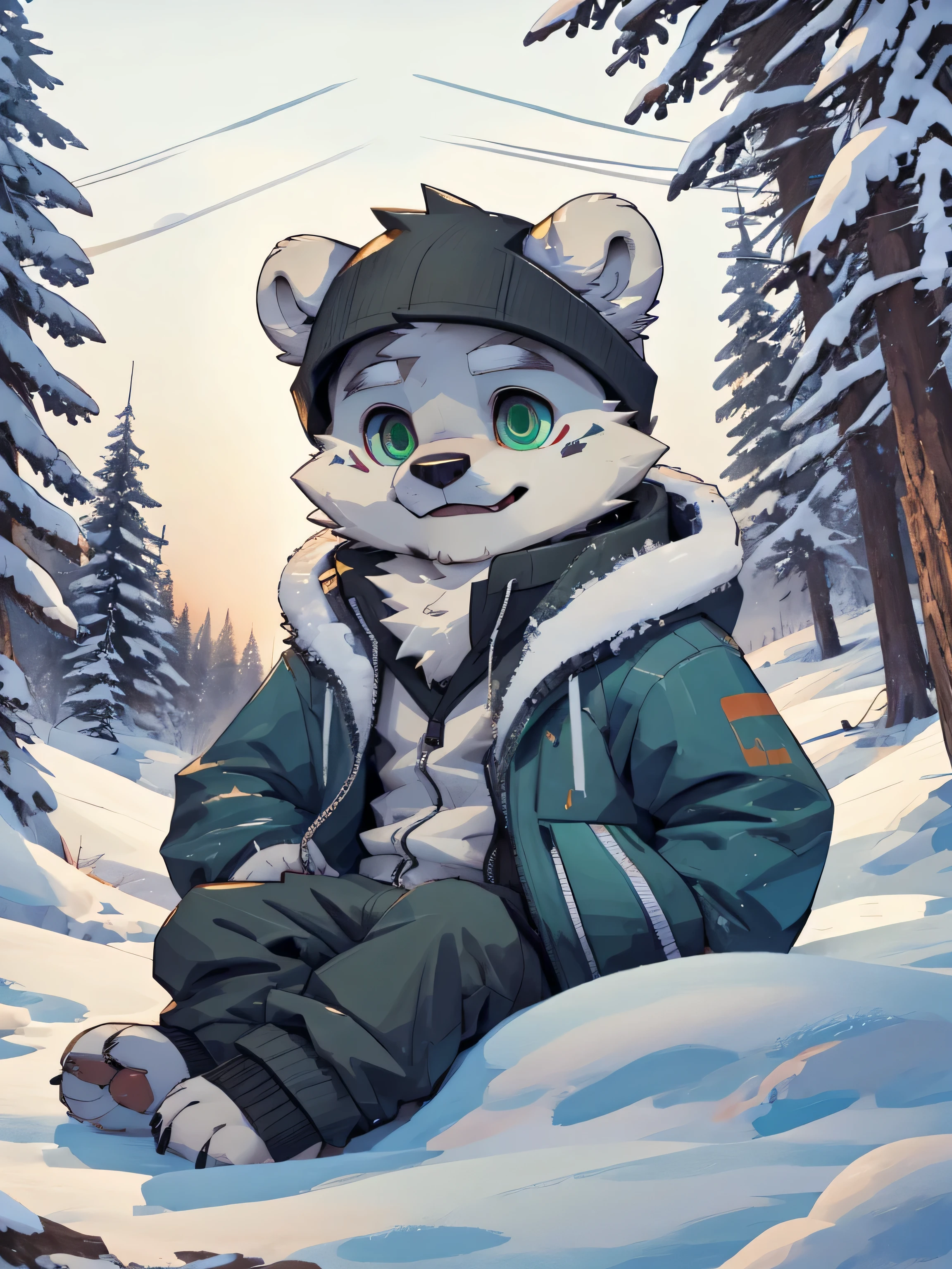 Furry again,alone,Shota,arctic bear,emerald green eyes(Realistic and accurate eye details),bounce,Wear snow skiing clothes.,Sitting in a pile of snow under a pine tree,It&#39;s snowing,evening,Yeonsaeng,HDR,4k,chibi