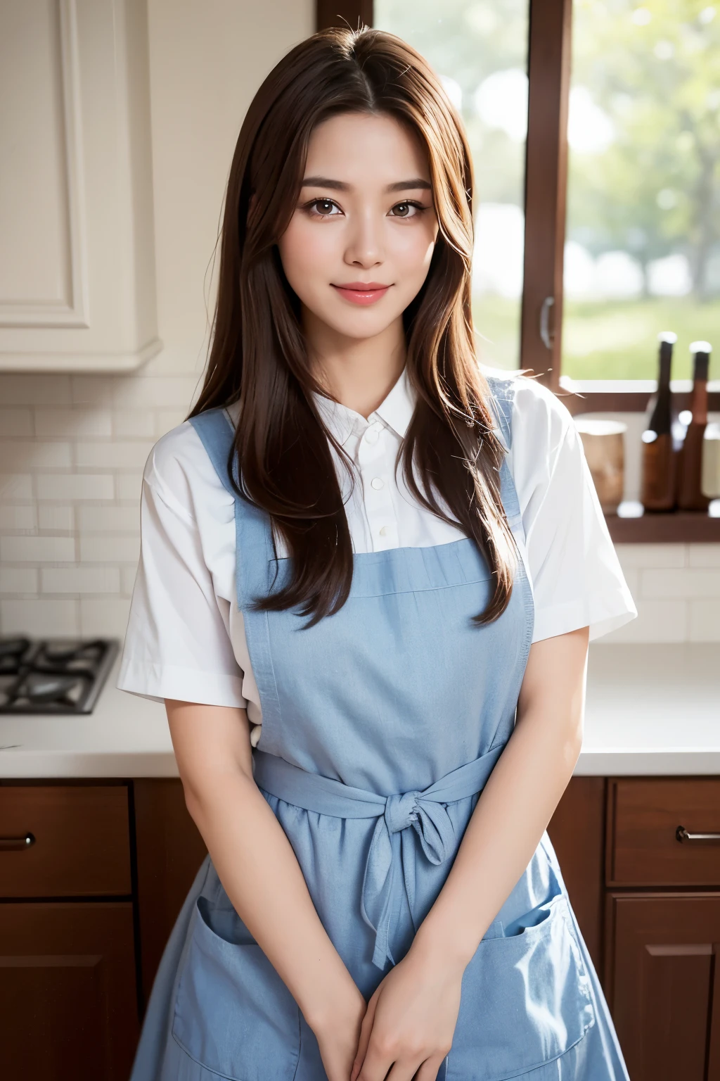 highest quality, masterpiece, 8k, ultra high resolution, (realistic: 1.4), 1 girl, beautiful face, symmetrical eyes, big, perfect body proportions, ((long hair))、((brown hair)), housewife、(apron、casual fashion)、the gaze of the beholder, (kitchen、blurred background), Front view, Absolute area (1.3),friendly smile、seems kind、cowboy shot