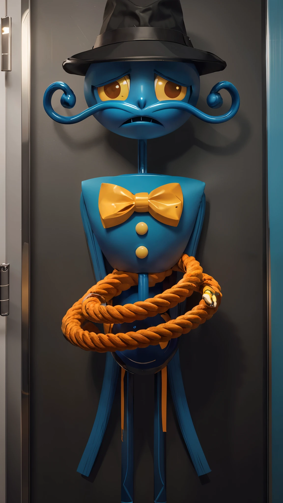 there is a blue-orange daddy long legs in a hat and a yellow rope, iconic character with high detail, 2 d illustration, 2D illustration, stylized digital illustration, art of mobile games, in the elevator, Digital illustration -, Game illustration, mobile game background, 2d digital illustration, evil. bright colors. Cute, blue daddy long legs toy, glossy texture, smooth 3d model,