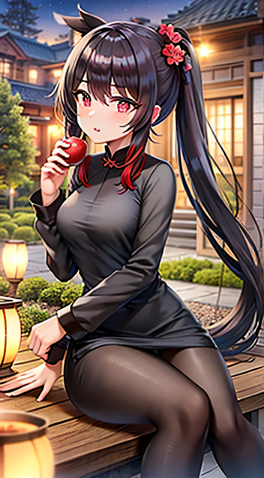 masterpiece, best quality, Hu Tao, Genshin Impact, double ponytail, black hair, red heart shaped eyes, from the side, atmospheric perspective, F/1.8, ultra high definition, masterpiece, precise, high detail, high quality, High resolution, medium breasts, Cute smug face, Sitting on the sofa, in living room, night, Chinese style dress, Charming personality