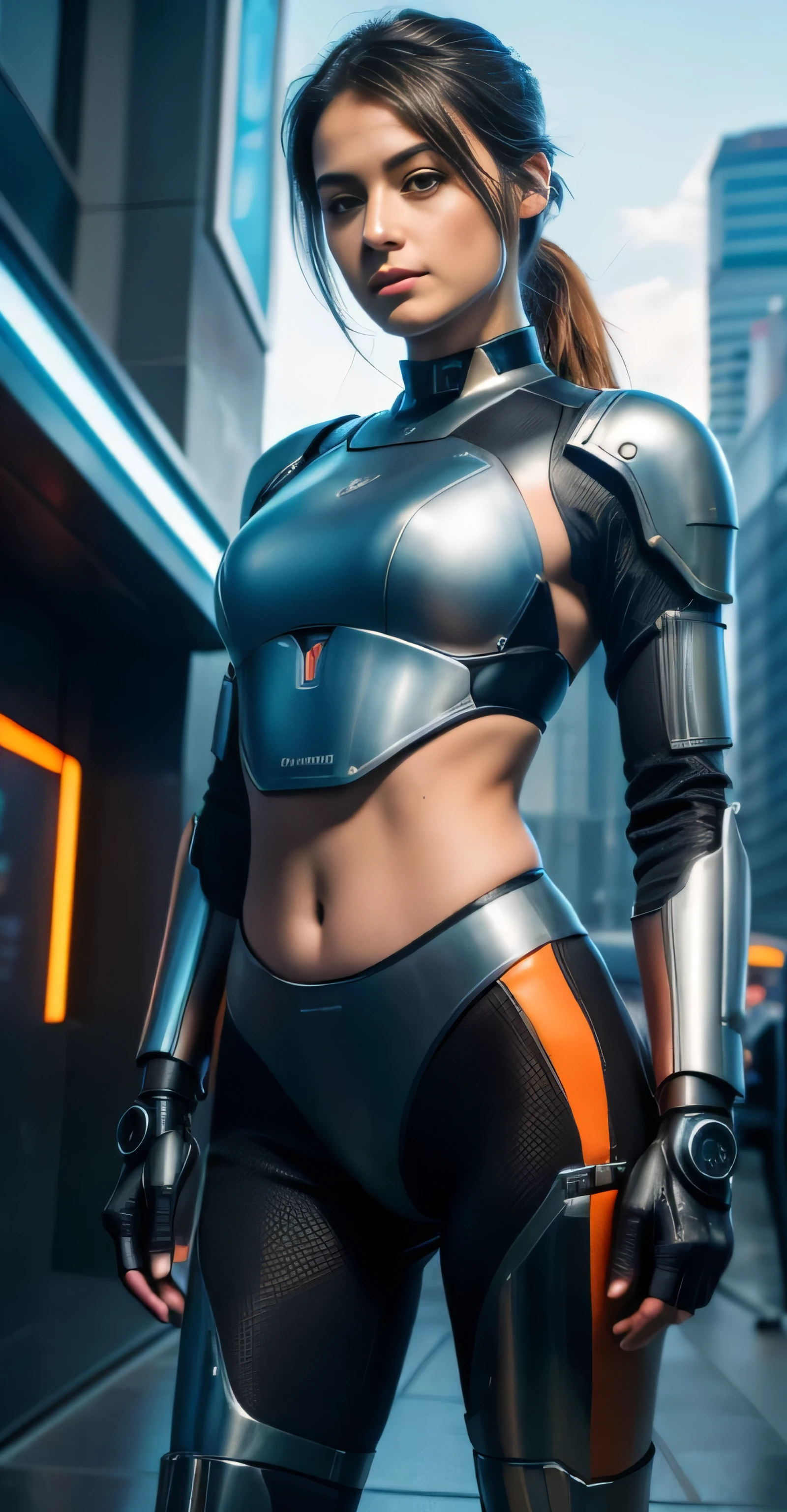 ((masterpiece, 8K, 3D, Realistic, Super Detail)), (1girl:1.3), slender 17 age, Ultra Micro photography, Super realistic, Perfect face, Beautiful features, ((Perfect female body)) Beautiful features, ( body), ((small hip)), Shailene Woodley as (((2 piece Bikini))), Sci-fi futuristic cyberpunk ((bionic orange chest metal armor suit)), Futuristic soldier, ((Exposed thigh)), Exposed Skin, Front Full body Shot, full body portrait, futuristic city background
