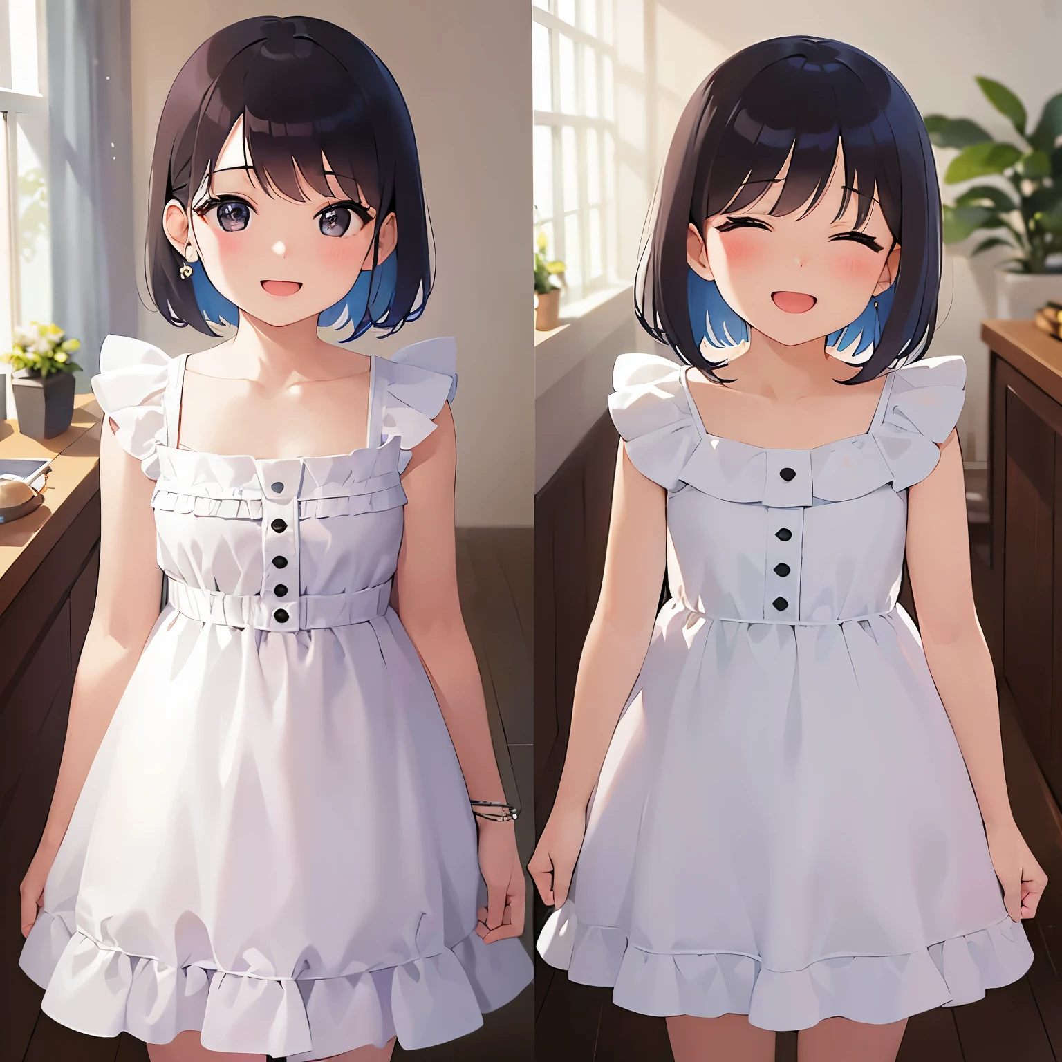 bob cut, masterpiece、highest quality、 (hair with brown bangs) and (closed eyes:1.3) and (5 girl:1.5)、 (white) and (dress)、smile、open mouth, Are standing、The background is the living room、Upper body is shown、Alone、