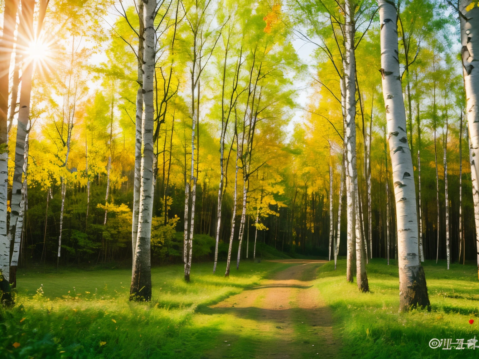 Realistic photo of birch forest, maple leaves, grass, sports equipment, sunshine and sunset photo background