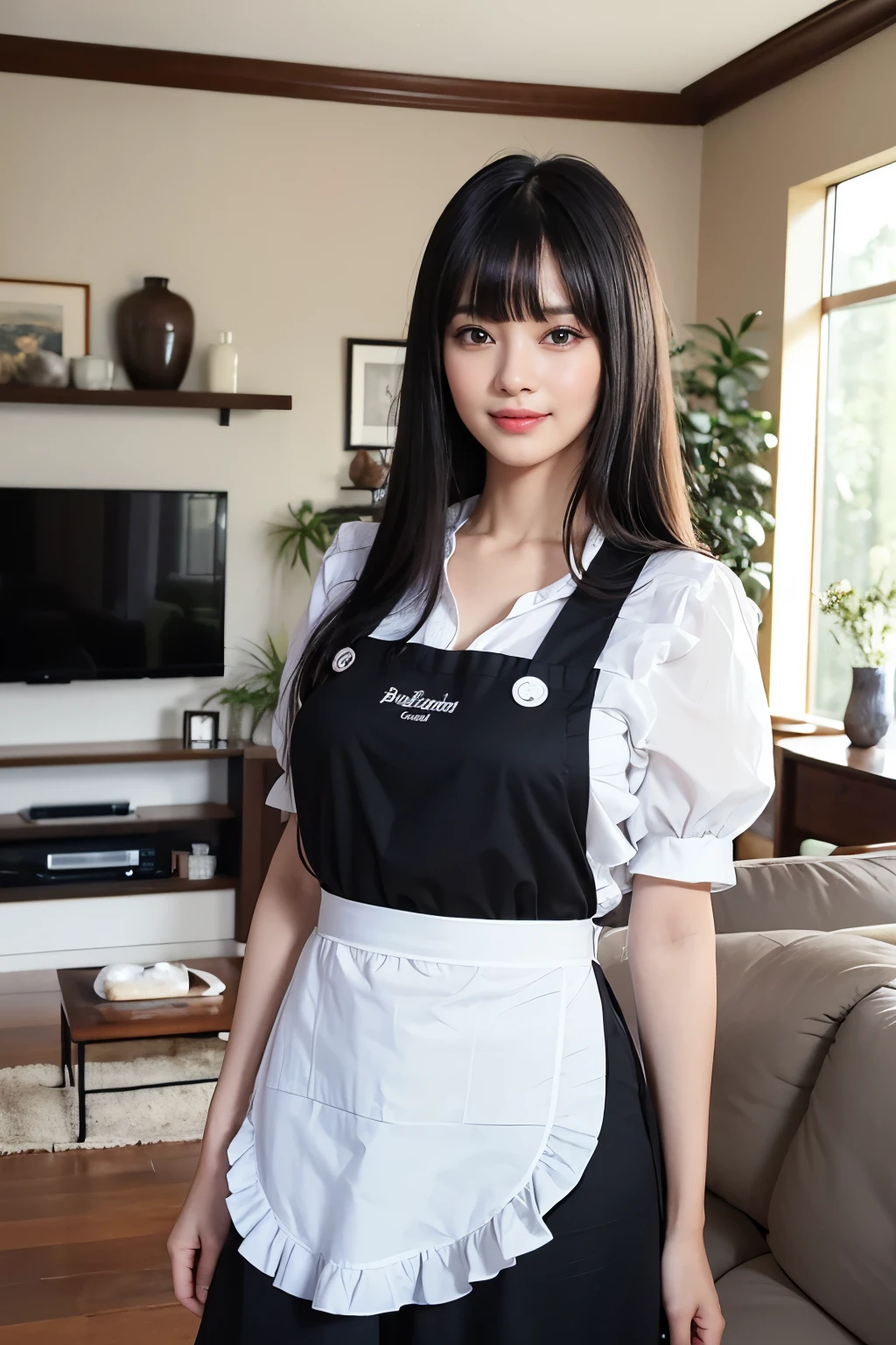 highest quality, masterpiece, 8k, ultra high resolution, (realistic: 1.4), 1 girl, beautiful face, symmetrical eyes, big, perfect body proportions, ((long black hair))、((Bangs Patsun)), housewife、Married woman、(apron、casual fashion)、the gaze of the beholder, ((living room: 1.5)), Front view, Absolute area (1.3),friendly smile、cowboy shot