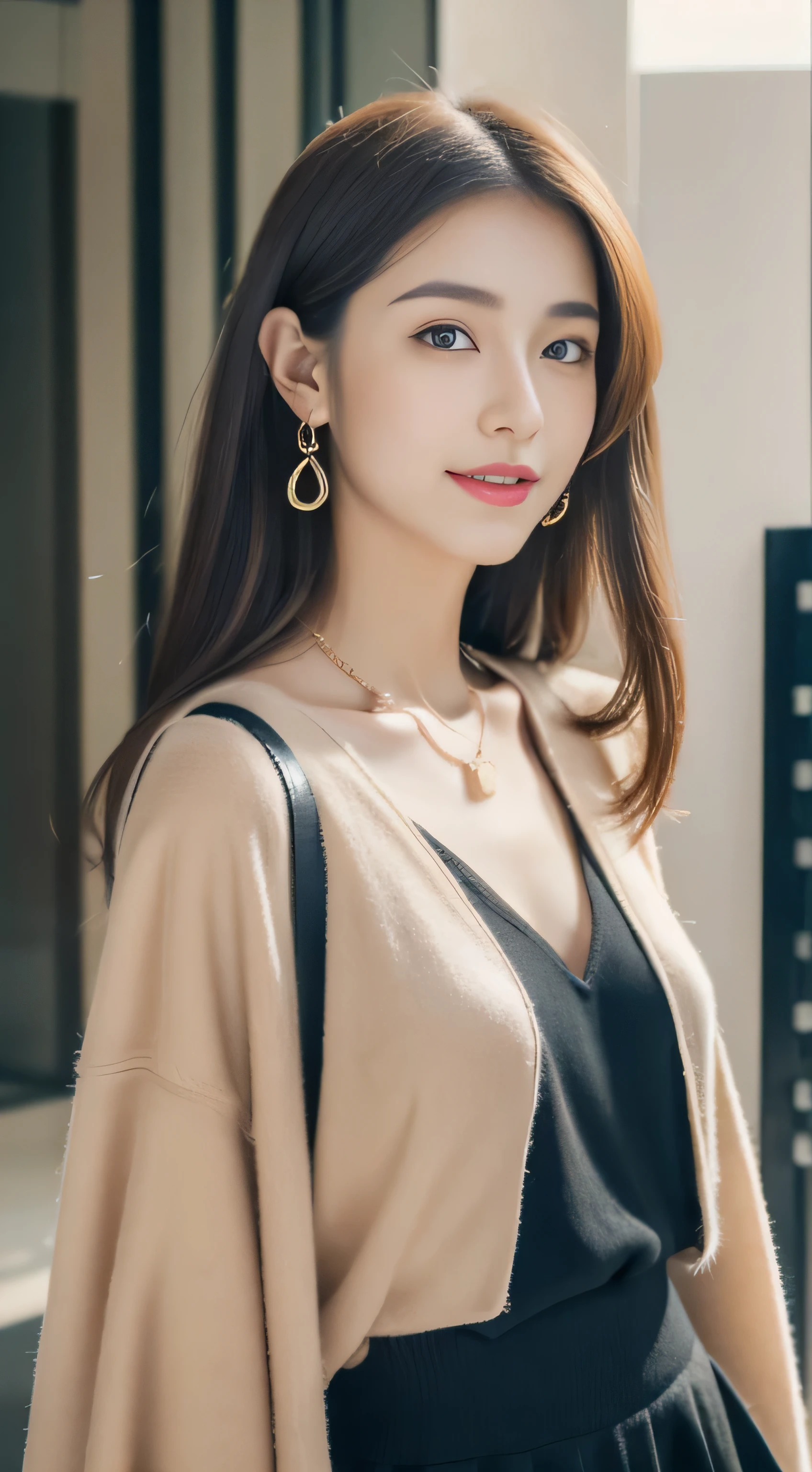 (((32K,very high res, high detailing, highly accurate,Masterpiece Girl 1))),Raw photo & realistic atmosphere,beautiful dark blue eyes,Detailed mouth,Glossy lips,Detailed eyebrows,Soft white skin that shines with every detail,,Eyes drawn in detail、Very beautiful eyes with azure eyes,Detailed lips、Very beautiful face,Very well-formed face、Lifelike face,shiny beautiful lips,Beautiful eyebrows,Infinite reality,Best design,（Insanely cute sober and modest Japan 22-year-old girl,,Toned body,thighs thighs thighs thighs,Slender legs,Beautifully shaped breasts,Very cute beautiful girl,Little Girl：1.5）,Best Natural Makeup,Japanese ido,Korean Idols,Young sensual idol,Moist eyes,Dark beautiful eyes,Beautiful butt,beauty legs,,camel's foot,：1.3),超A high resolution、,Natural and realistic face,Back lighting,Pure eyes are too cute,(((photorealisim,Photograph the whole body))),,Reality Live Action,（simple earrings,Necklace Arm,Watches,Glossy nail art,Girlish clothes,Simple adult design image clothes in dark colors,Dress up your jacket elegantly and cutely,Blouse,beautiful skirt,Modest and beautiful fashionable fashion,Heel Shoes,Perm Medium Hair,solo, Kool,Smile faintly,glares,full body Esbian：1.7）,（Show full-body fashion：1.8）nipples