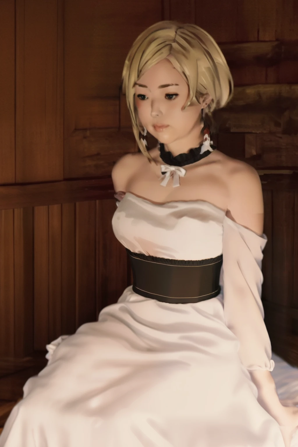 I agree,1 girl,alone,earrings,blush,big breasts,
white dress,No sleeve,white ribbon,bare shoulders,black corset,barefoot,neck ribbon,
Bedroom, pillow,, exquisite visuals, High resolution,masterpiece,highest quality,