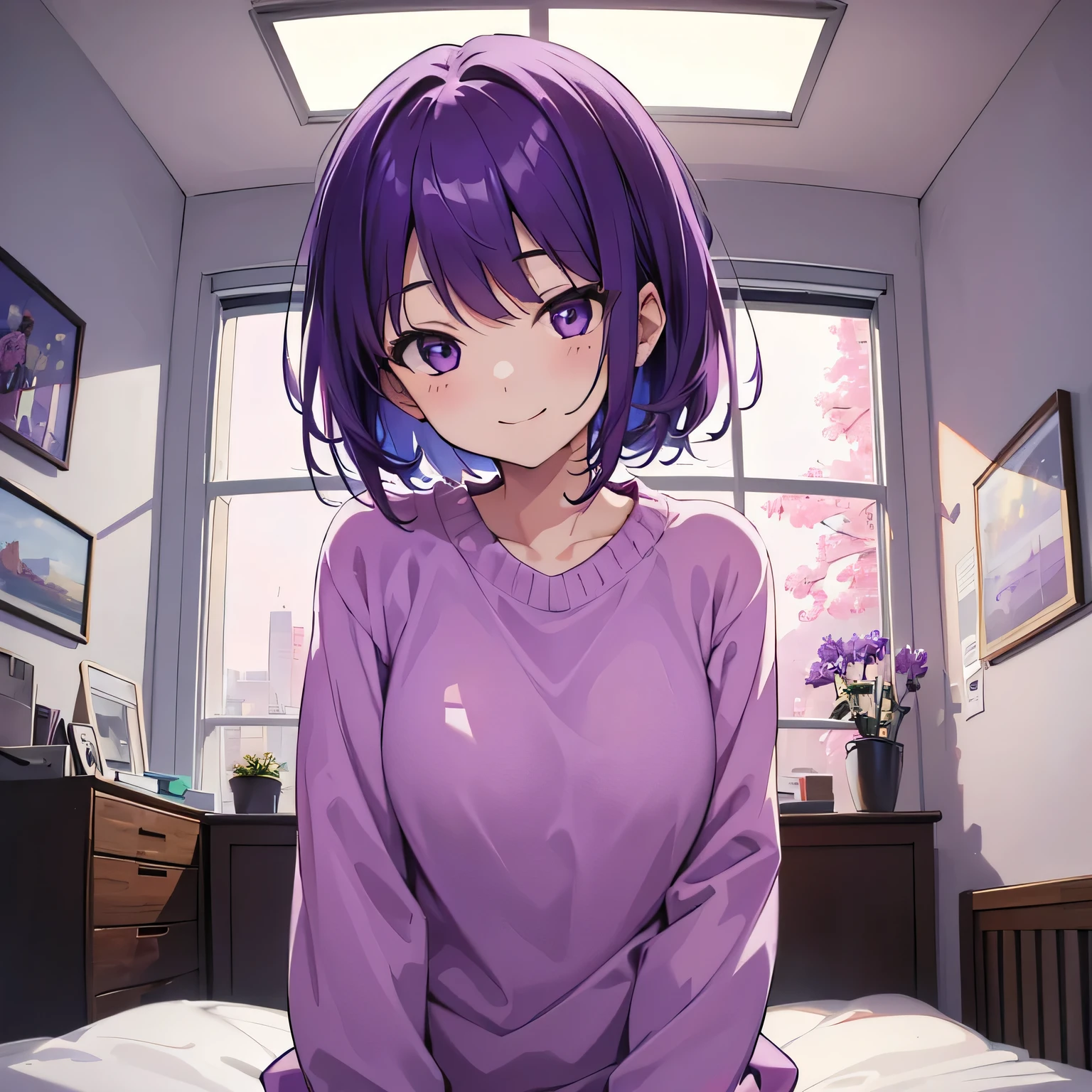 (T Masterpiece,4k wallpaper,best quality))、((girl1people))、(solo)、Shining and vivid,(purple hair)、(shortcut:1.3)、smile、Bedroom、sweater、morning
