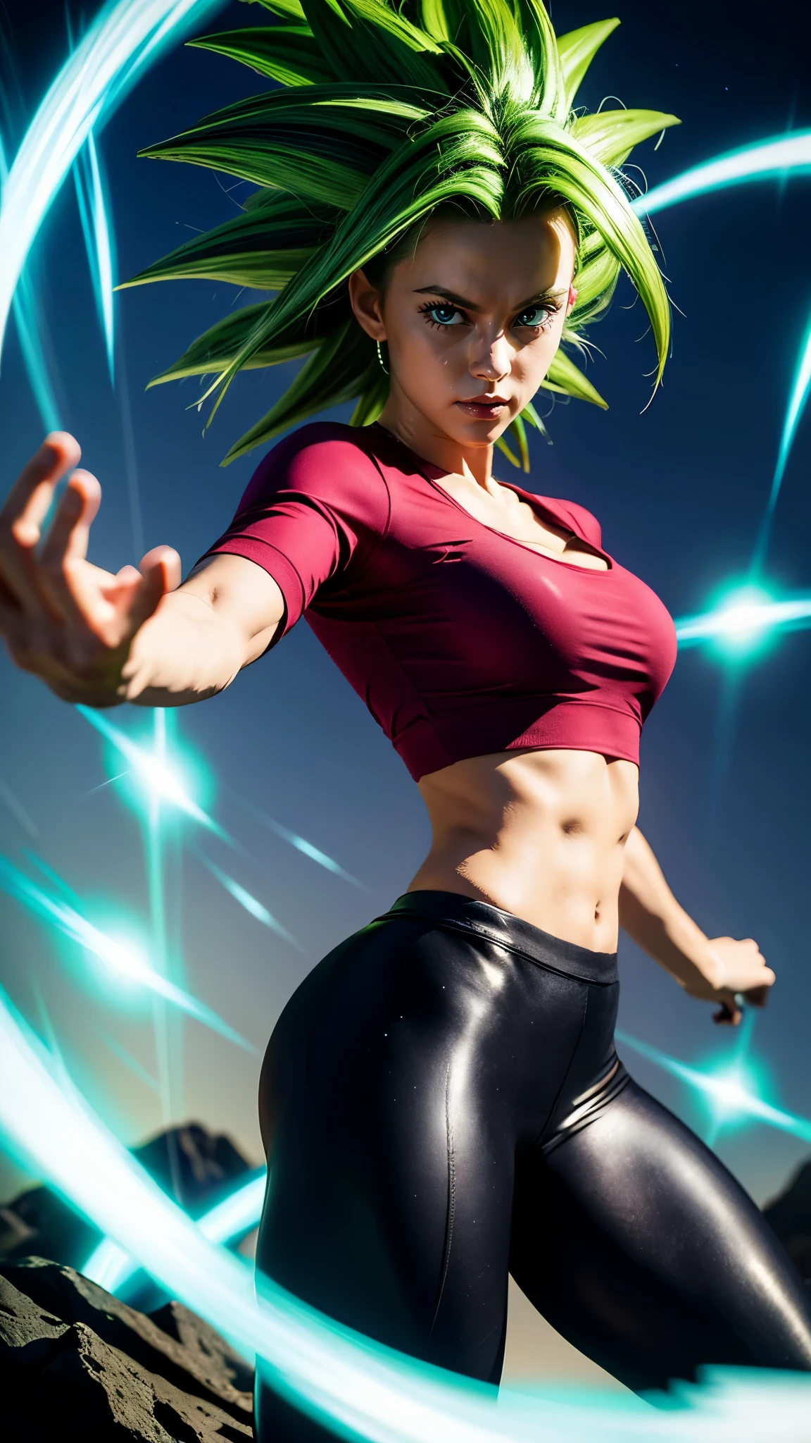 xyzkefla, super_saiyan, green_hair, green_eyes, 1girl, spiked_hair, energy, torn_clothes, jewelry, aura, leggings, red clothing, dramatic, cliffside, looking at viewer, detailed face, detailed eyes