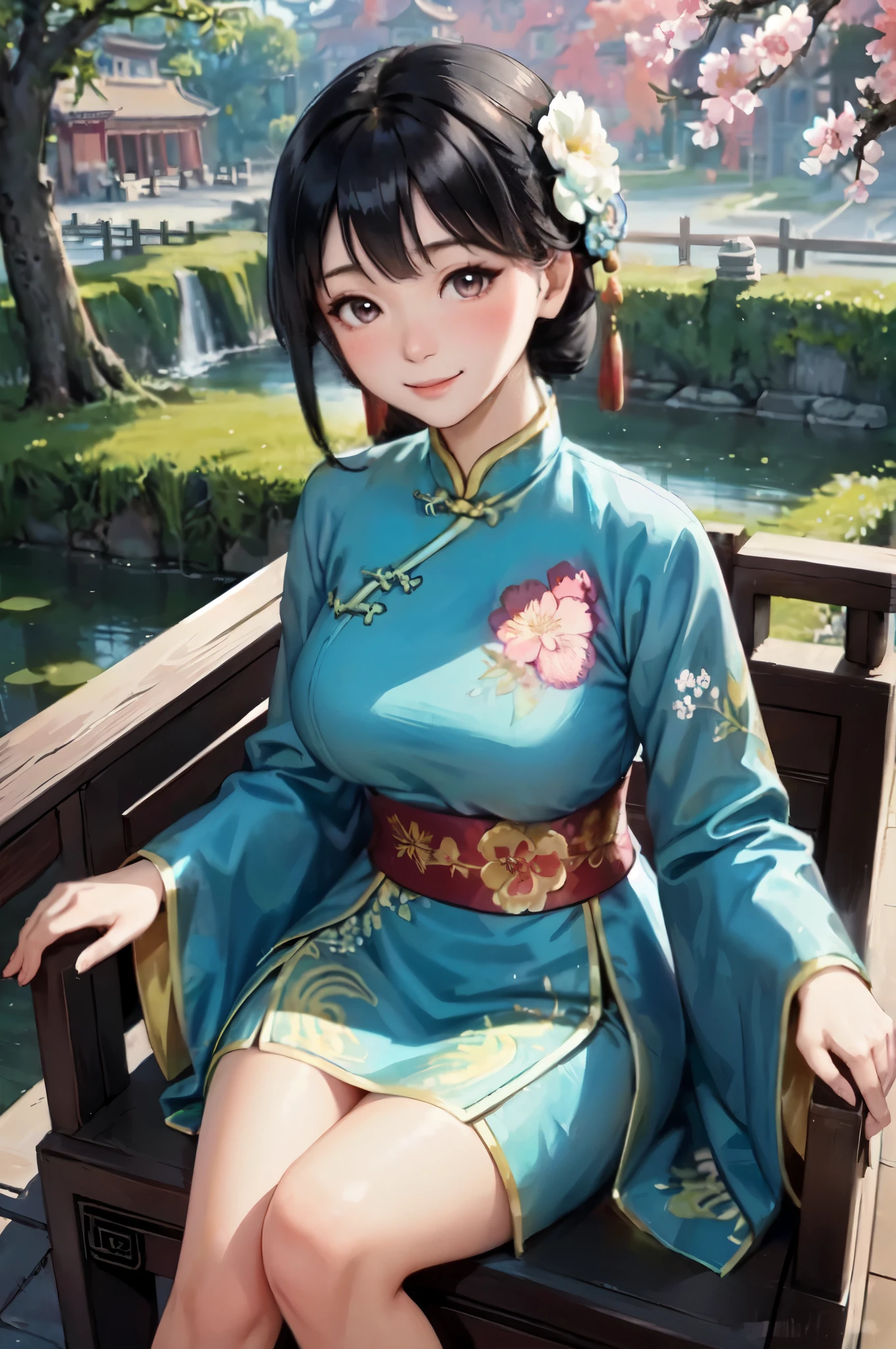 1lady solo, /(Chinese dress with floral embroidery/) vivid blue dress, mature female, /(black hair/) bangs, blush kind smile, (closed mouth), (masterpiece best quality:1.2) delicate illustration ultra-detailed, large breasts BREAK /(traditional townscape in China/), outdoors, detailed background