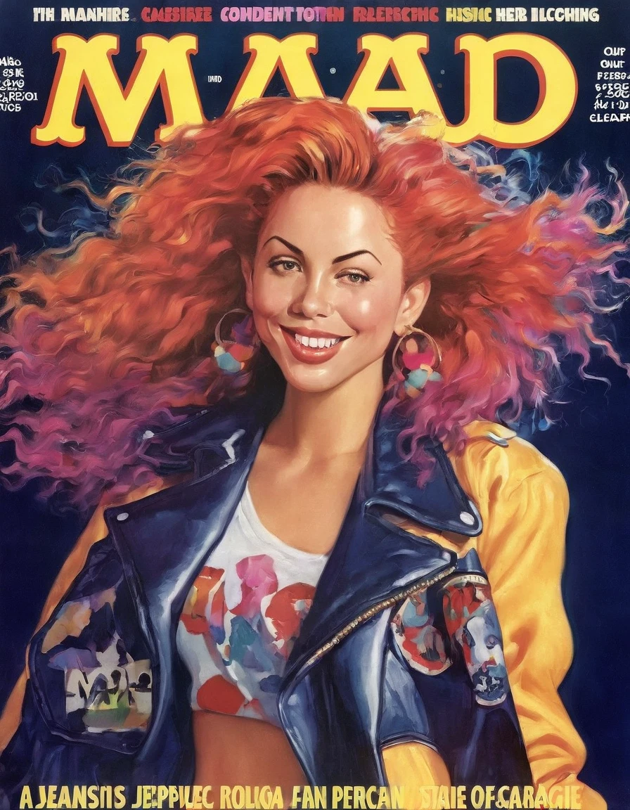 Magazine Cover, aesthetic, mad-magazine-cover, (a girl with) vibrant colorful hair, striking pose, stylish clothes, confident smile, dynamic background, (high fashion),(realistic),(studio lighting), (best quality,4k,highres), (portrait)