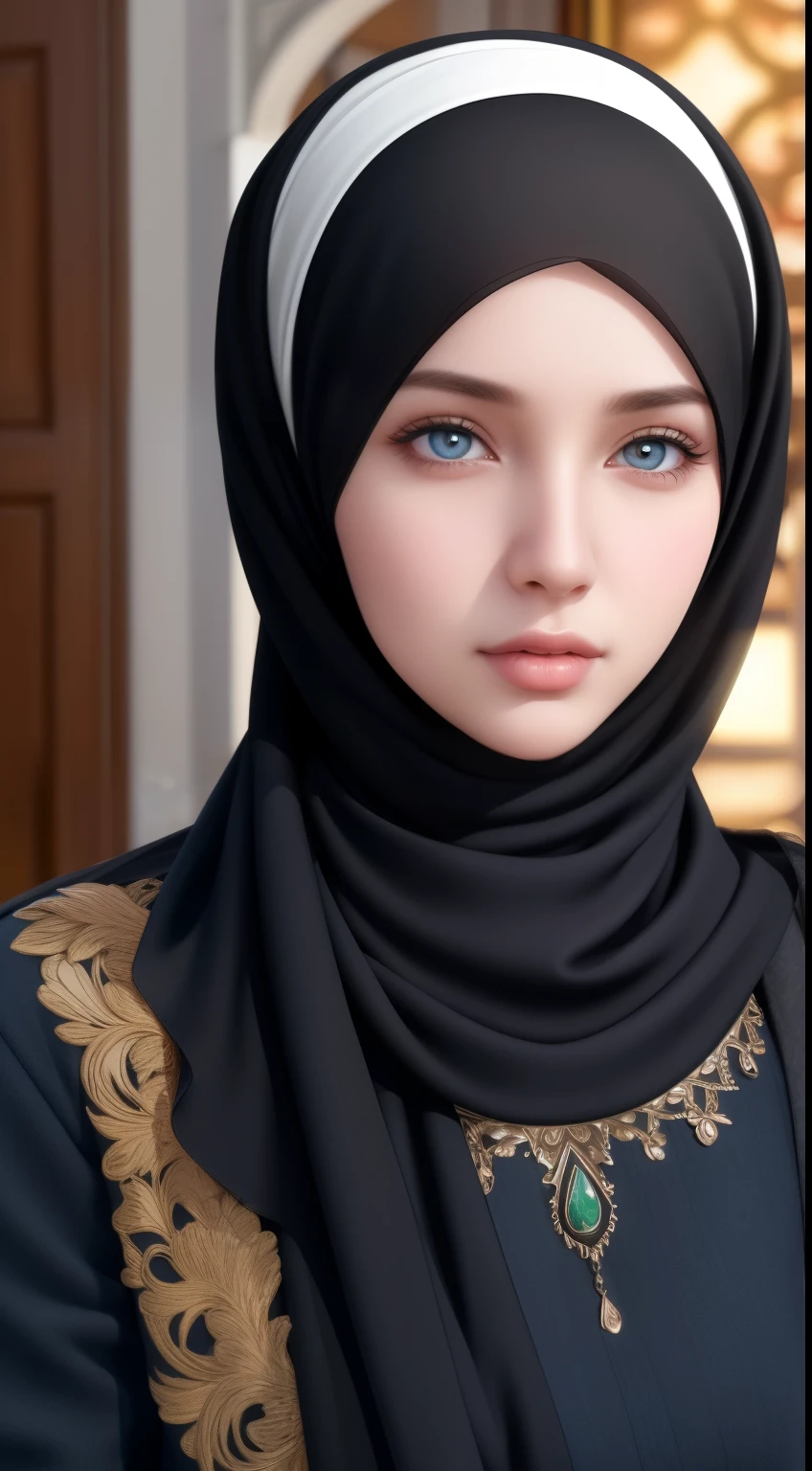 1girl, solo, beautiful face, high detailed realistic eyes, double eyelids, high detailed realistic pupils, (upon body from head to waist:1.36), (wearing hijab:1.37), (moslem headscarf:1.37), reading glasses, sitting alone on a long chair, amazing mosque park background, taj mahal, best quality, masterpiece, highres, black and white moslem female dress, Beautiful face, (upon body from head to waist:1.35), tyndall effect, photorealistic, dark studio, two tone lighting, 8k uhd, dslr, soft lighting, high quality, volumetric lighting, candid, Photograph, high resolution, 4k, 8k, Bokeh, (hyperrealistic girl), (illustration), (high resolution), (extremely detailed), (best illustration), (beautiful detailed eyes), (best quality), (ultra-detailed), (masterpiece), (wallpaper), (photorealistic), (natural light), (rim lighting), (detailed face), (high detailed realistic skin face texture), (anatomically correct), (heterochromic eyes), (detailed eyes), (sparkling eyes), (dynamic pose), (hair completely covered by the hijab:1.35), looking to viewer