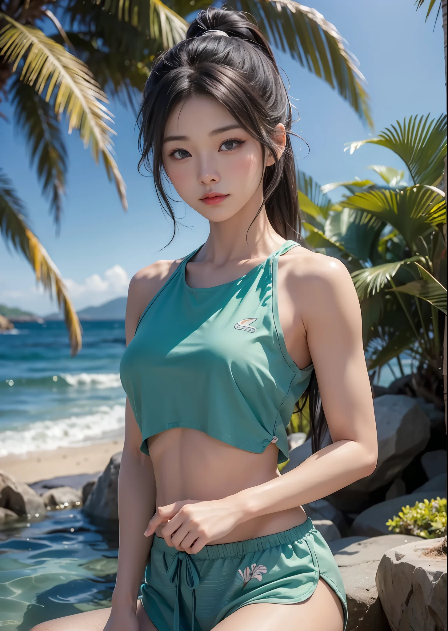 Muscular Japan、good looking、25 years old、Sea Green色のTシャツとジーンズ、Looking at you from the shoreline、the morning sun rises、Palm trees line the coastline、Highest image quality、8ｋ、16ｋ