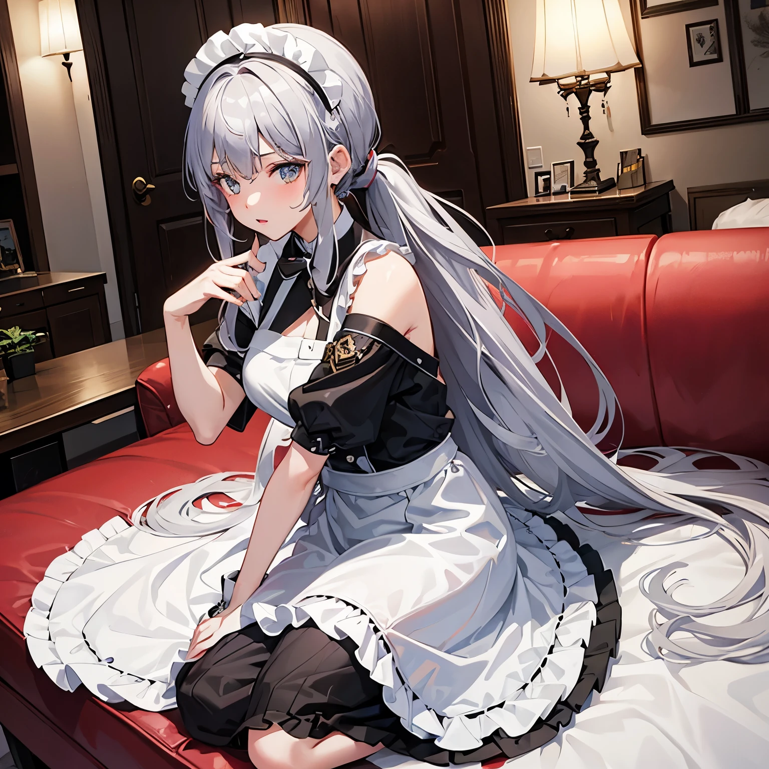 1 woman, 19 years old, Maid Cafe, silver long hair, down ponytail, bangs flipped to the side