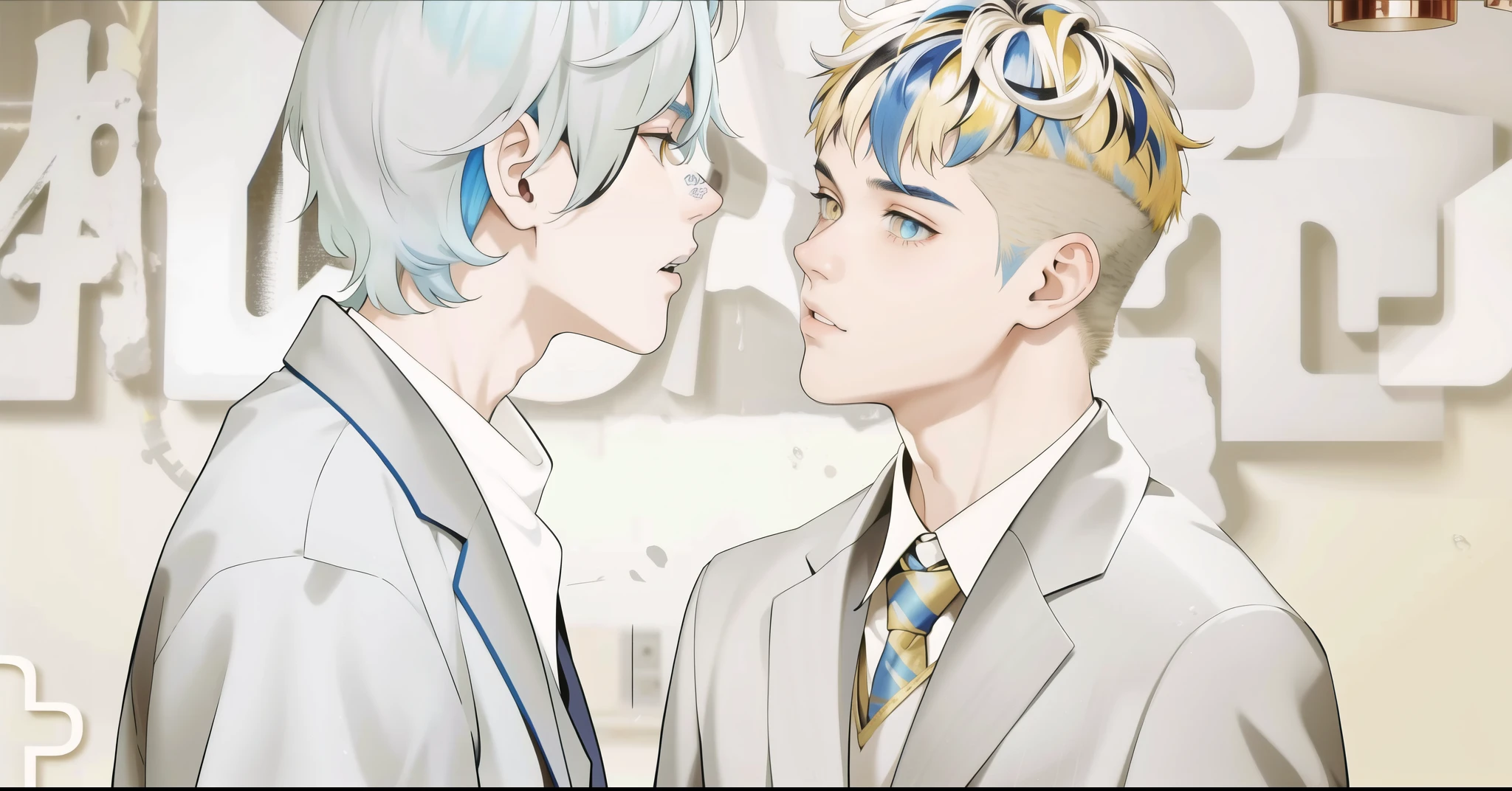A 16-year-old boy with blue hair is facing another boy with yellow hair and golden eyes.
