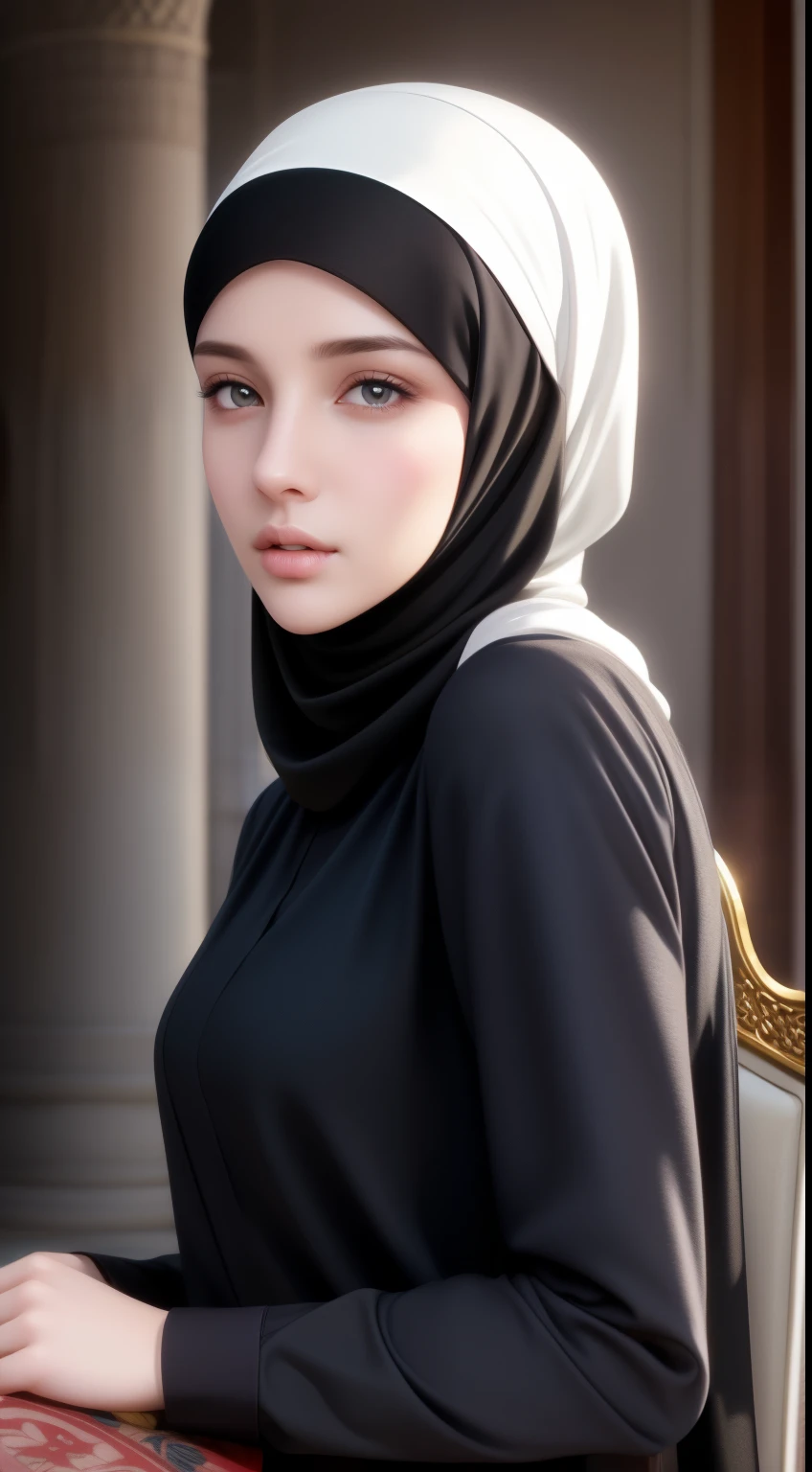 1girl, solo, beautiful face, high detailed realistic eyes, double eyelids, high detailed realistic pupils, (upon body from head to waist:1.36), (wearing hijab:1.37), (moslem headscarf:1.37), reading glasses, sitting alone on a long chair, amazing mosque park background, taj mahal, best quality, masterpiece, highres, black and white moslem female dress, Beautiful face, (upon body from head to waist:1.35), tyndall effect, photorealistic, dark studio, two tone lighting, 8k uhd, dslr, soft lighting, high quality, volumetric lighting, candid, Photograph, high resolution, 4k, 8k, Bokeh, (hyperrealistic girl), (illustration), (high resolution), (extremely detailed), (best illustration), (beautiful detailed eyes), (best quality), (ultra-detailed), (masterpiece), (wallpaper), (photorealistic), (natural light), (rim lighting), (detailed face), (high detailed realistic skin face texture), (anatomically correct), (heterochromic eyes), (detailed eyes), (sparkling eyes), (dynamic pose), (hair completely covered by the hijab:1.35), looking to viewer