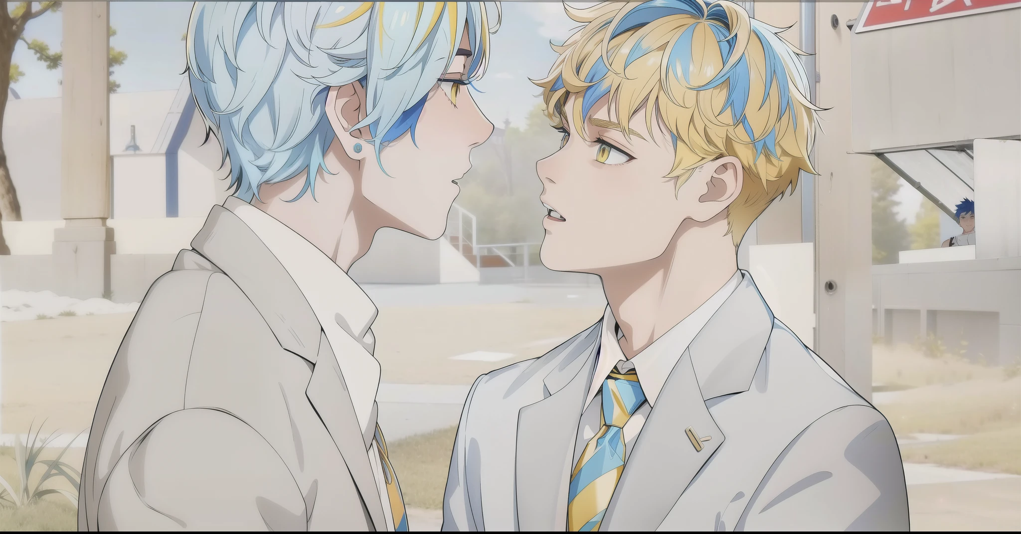 A 16-year-old boy with blue hair is facing another boy with yellow hair and golden eyes.