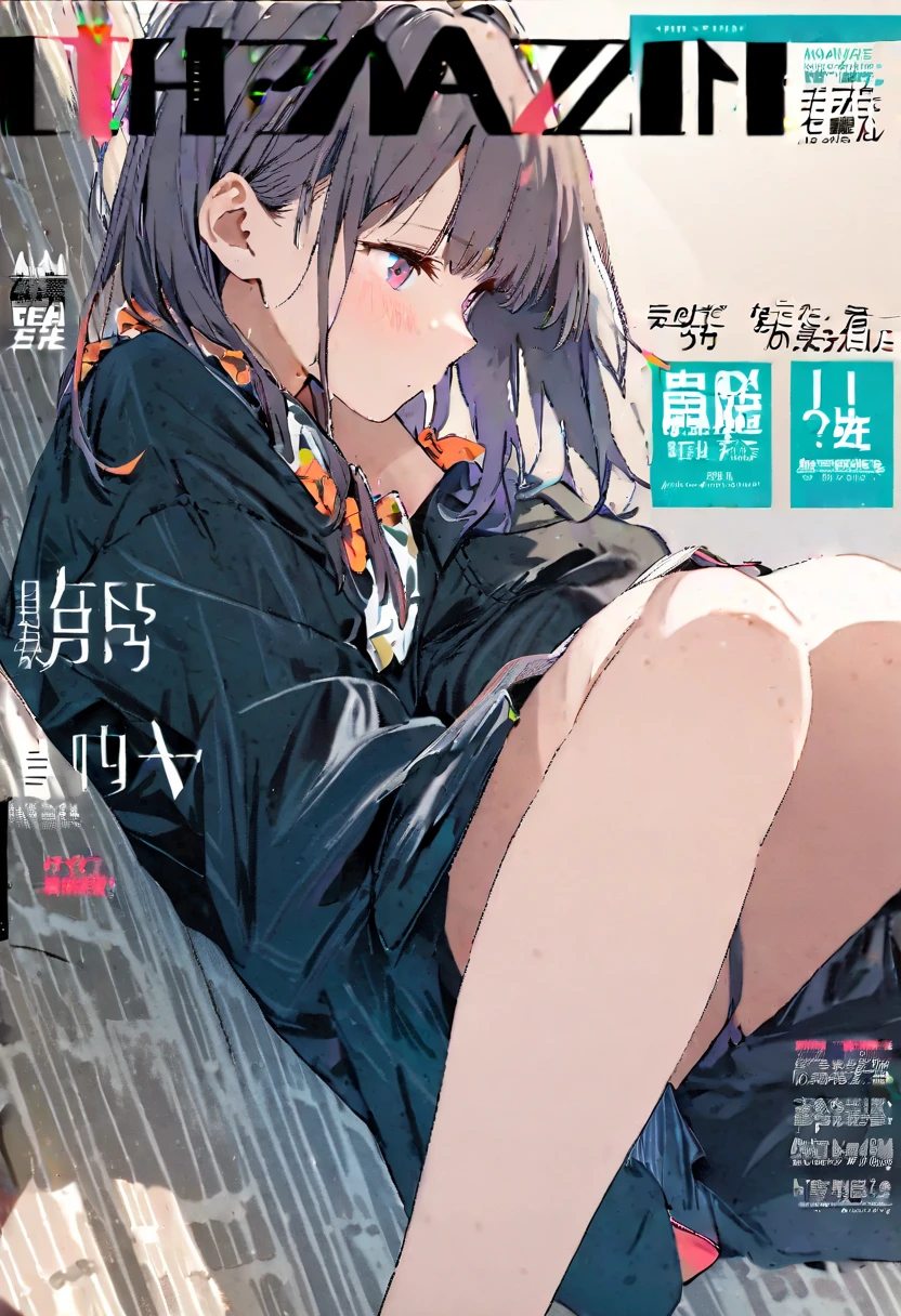 Magazine Cover、high school girl、A 16-year-old girl、Alone、Solo、school uniform、roadside, Crouched View，Expose the inside of your legs，Spread your legs,White panties、From below
