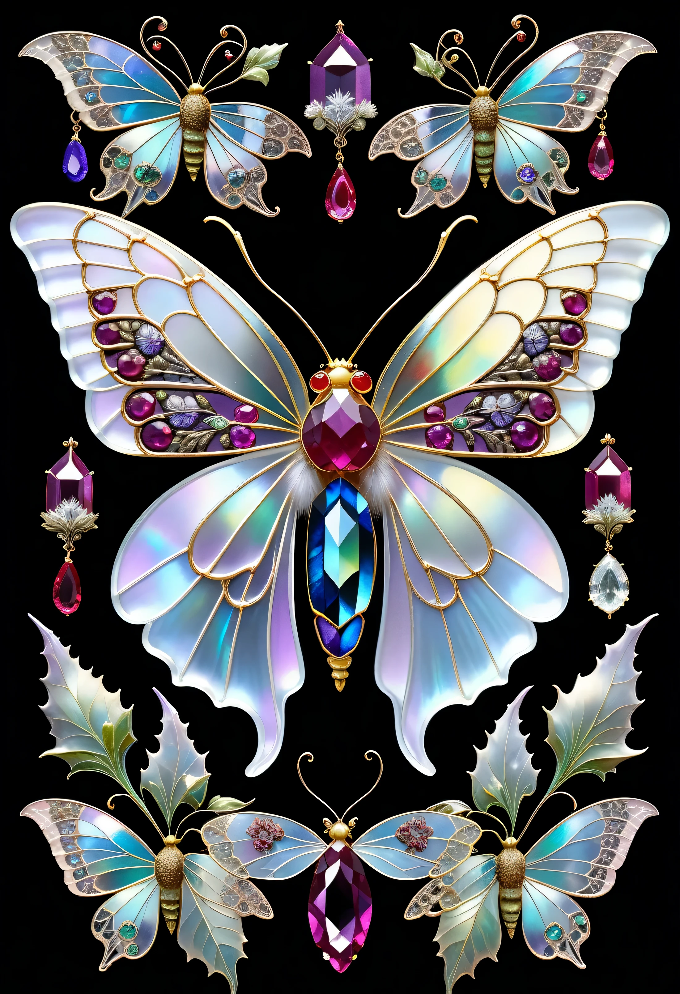 triadic colors, cinematic, official art, close fairytale transparent glass moth ruby peony flowers, ice hoarfrost, baroque, Craola, highly detailed stained glass wings, amethyst crystals, labradorite iridescent crystals, Andy Kehoe, John Blanche, complex highly detailed background, book detailed illustration, fantasy, filigree, filigree detailed, intricated, cute