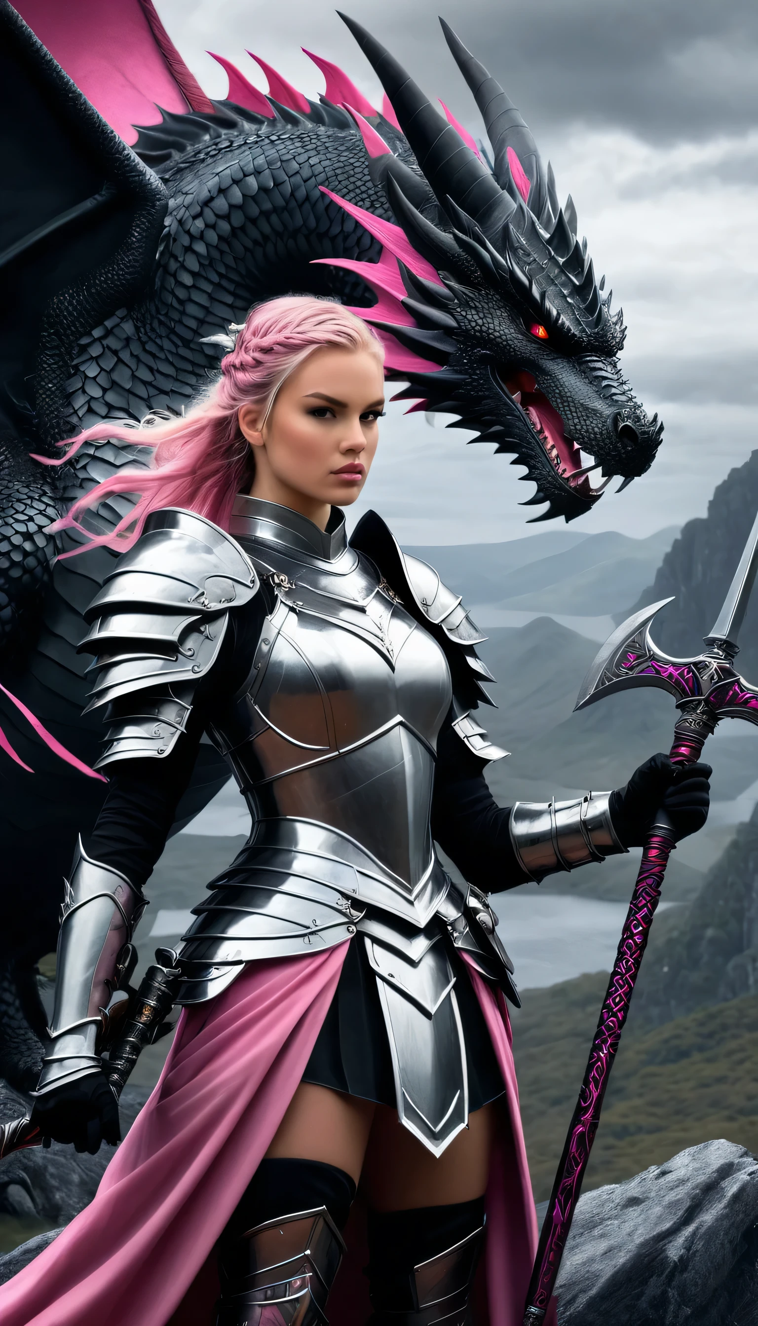 Create a detailed illustration of a knight warrior princess holding fairypunk weapons, contra uma tela preta com paisagens sinistras. The scene should include a fire-breathing dragon alongside the warrior princess. O esquema de cores deve focar em cinza claro e rosa, criando um contraste gritante. The illustration must be full of energy and very detailed, capturing the essence of a fierce warrior princess and her mighty dragon in a foreboding landscape, mas cativante.