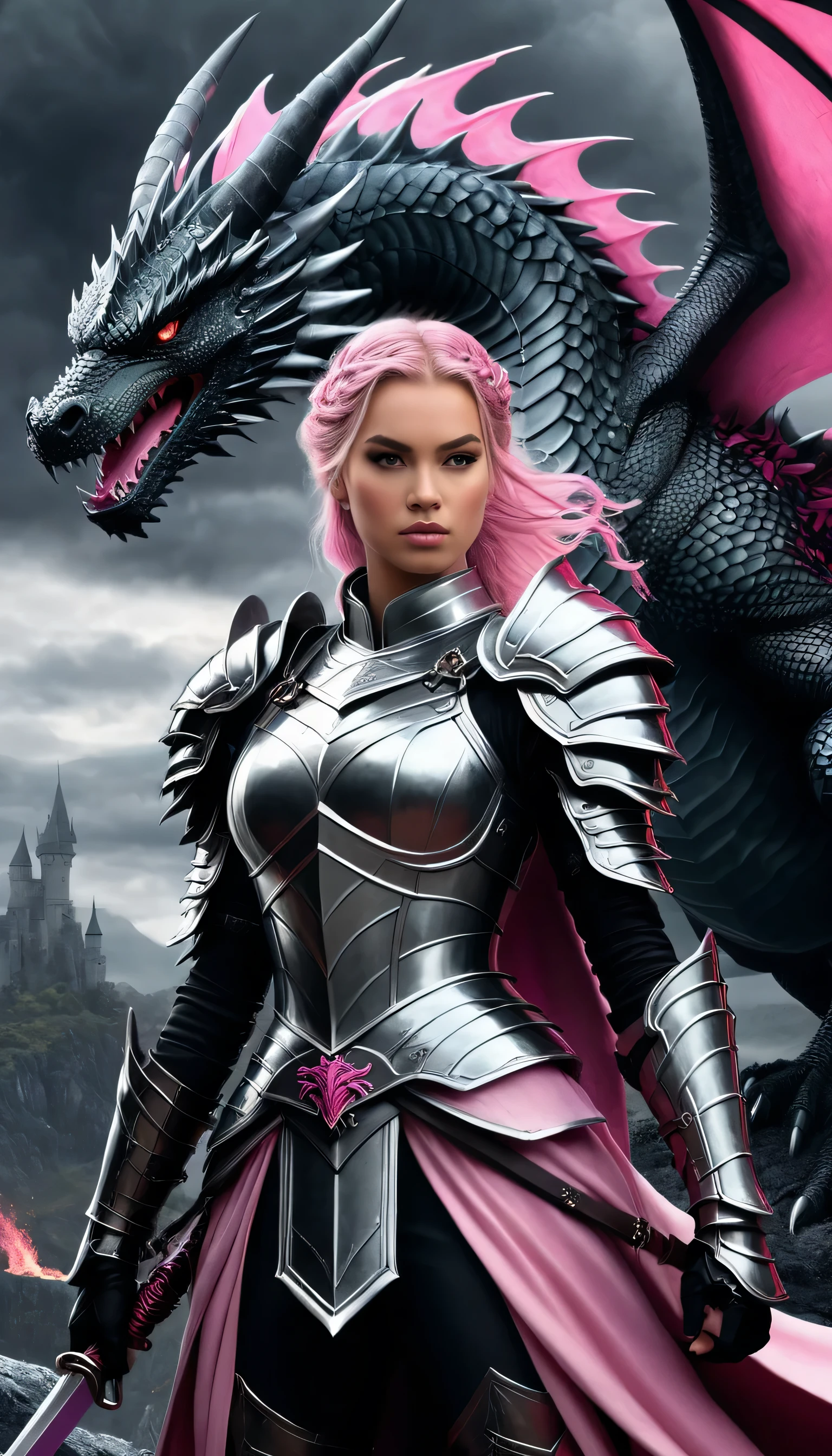 Create a detailed illustration of a knight warrior princess holding fairypunk weapons, contra uma tela preta com paisagens sinistras. The scene should include a fire-breathing dragon alongside the warrior princess. O esquema de cores deve focar em cinza claro e rosa, criando um contraste gritante. The illustration must be full of energy and very detailed, capturing the essence of a fierce warrior princess and her mighty dragon in a foreboding landscape, mas cativante.