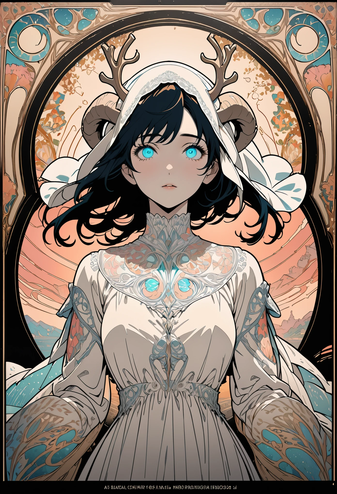 ((best quality)), ((masterpiece)), (detailed), highly detailed skin, (ultra-detailed), sharp focus, HDR, 8K resolution, (beautiful detailed eyes), (good hands), a woman in a white dress with a veil, pastel background, (art nouveau), official art, (flat color:1.3), (flat image:1.4), (white deer horns), black outline