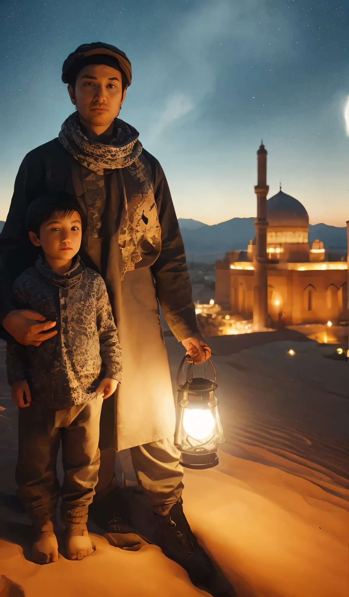full body, a 33 year old Asian man with short hair with his 4 year old  wearing a skull cap wearing a kurta and an Arabic scarf, feet visible, standing on a desert hill, a traveler, posing a man, holding a lit lantern at night time, holding a lit lantern, nighttime atmosphere with a clear sky full of stars, a sky with a clear sky full of stars a sky with aurora, a sky with a full moon, a magnificent mosque in the background, and a small town with colorful lights visible from a distance, a flat face looking at camera direction