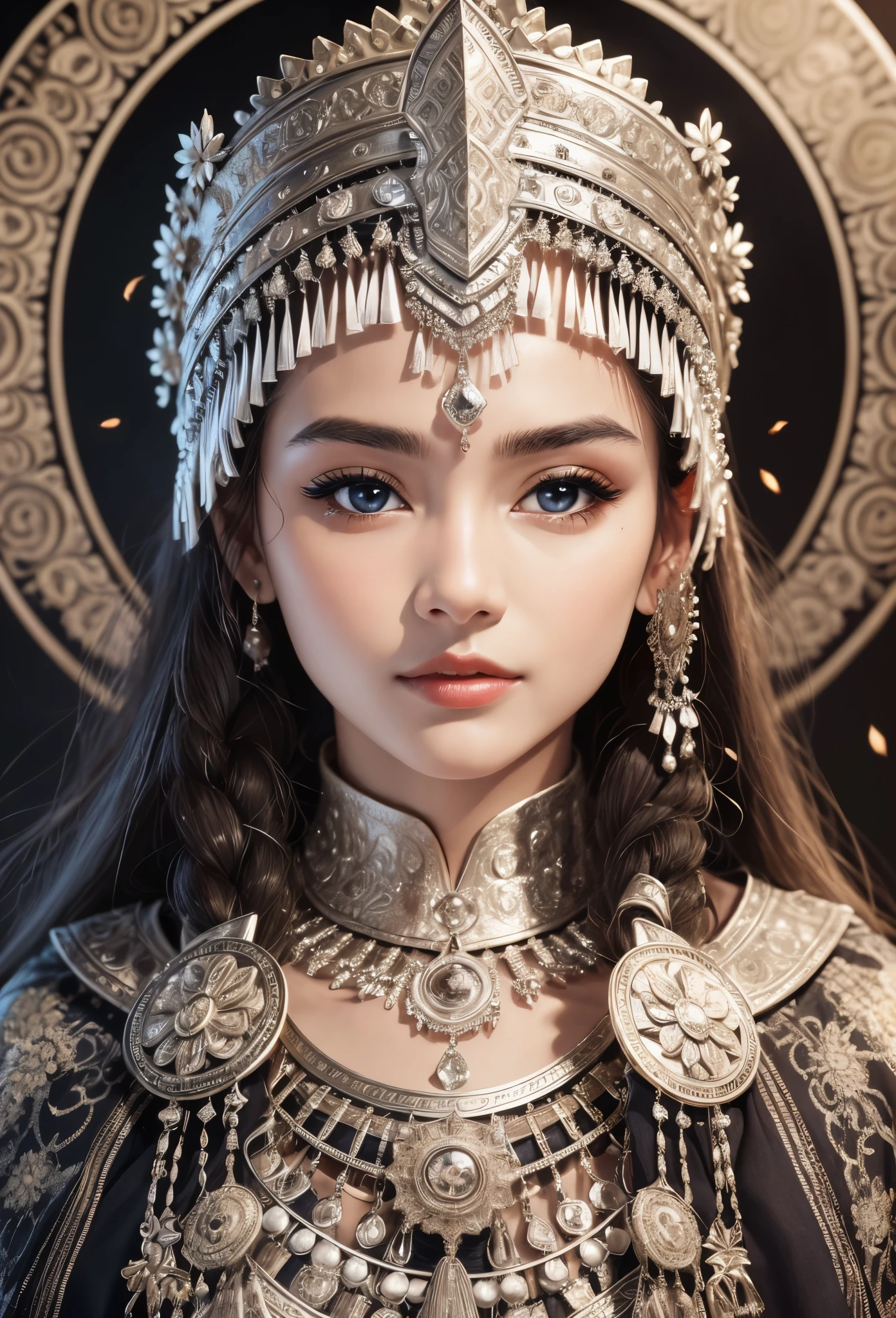 (masterpiece，high quality，8K).art photography，medium shot，symmetry，beautiful girl，exquisite facial features，Skin details，Bright Eyes，unique，minority，Exaggerated headdress，exaggerated jewelry，silver crown，silver tiara：1.37，dark ethnic clothing，Look at the camera，Look at the audience，Red and black as main colors，blur background