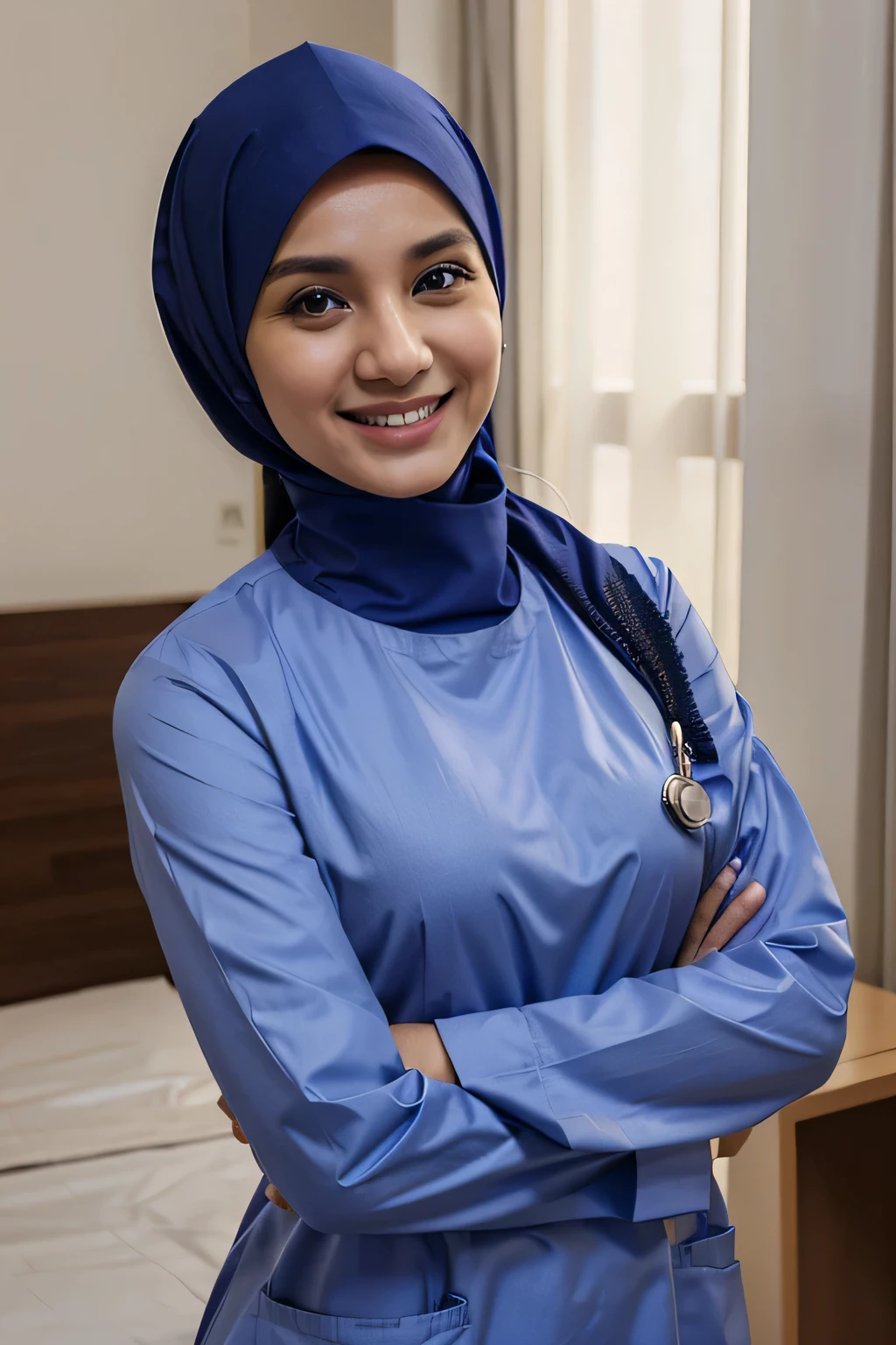 doctor 30 years old, hijab, beautiful face, office, white skin, hospital, sit on bed