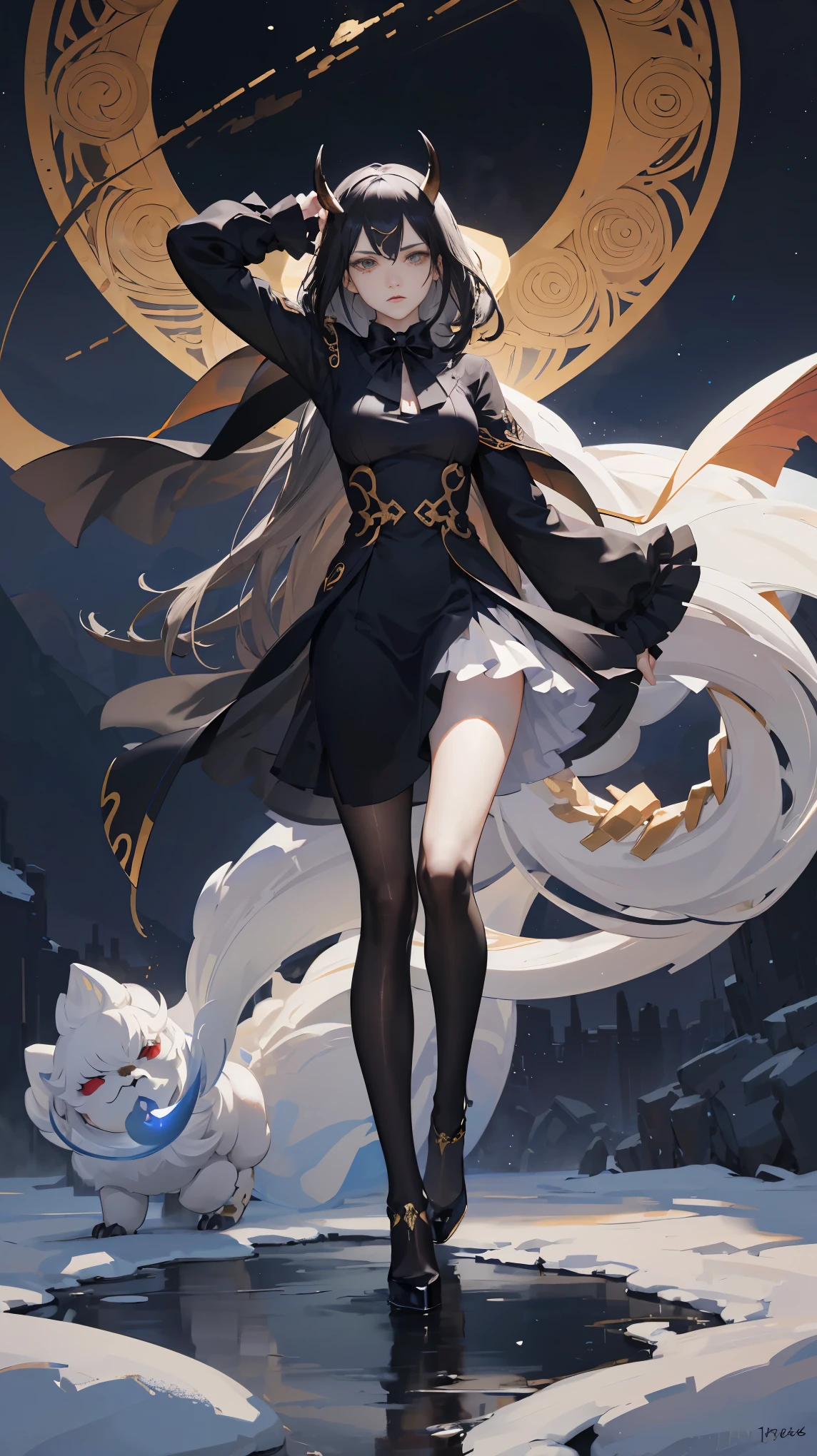 Seven Rhaeyar, Ancient Star goddess, Perfect female anatomy (Adult Female, 166cm in height, pale skin, slim, slender, 34D breast size, Gray colored eyes, Long Straight Black Hair, Beauty Mark Mole on right cheek bone, a set of black horns on her head), Neutral facial expression, Elegant white dress with black bow tie, blue coat knee length, dragon motifs, gold and rope accessories, View of the open night sky with only clouds, receiving light from the front, Ethereal glow