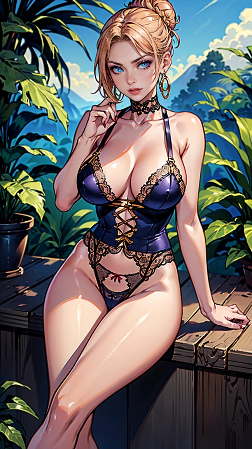 (((austere, sitting, (lace knickers, lace string, lace panties)), (model, muse, goddess, stunning, seductive), ((tribal warrior, masterpiece, jungle in the background, cowboy shot, dark fantasy, intricate, highly detailed, by luis Royo. 1girl)))), (1girl, solo, Reina Morimoto, morimoto_reina, (blue eyes, hair bun, high bun of hair), lipstick, gold earrings)), mole on the face, sensual pose, Beautiful