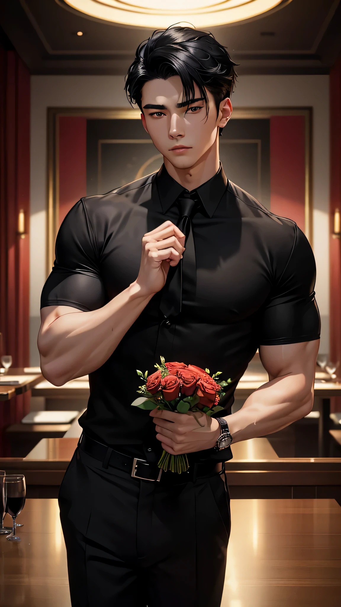 最high quality、best image quality、masterpiece、male((20-year-old、 By becoming、muscular、black Y-shirt、black suit、black tie、black hair、shortcut、holding a bouquet of roses、gesture of offering)),high quality、beautiful art、background((fine dining restaurant))、Flight、debris flies、Depth of written boundary、movie、visual art、perfect art、8K,genuine、Dynamic Performance