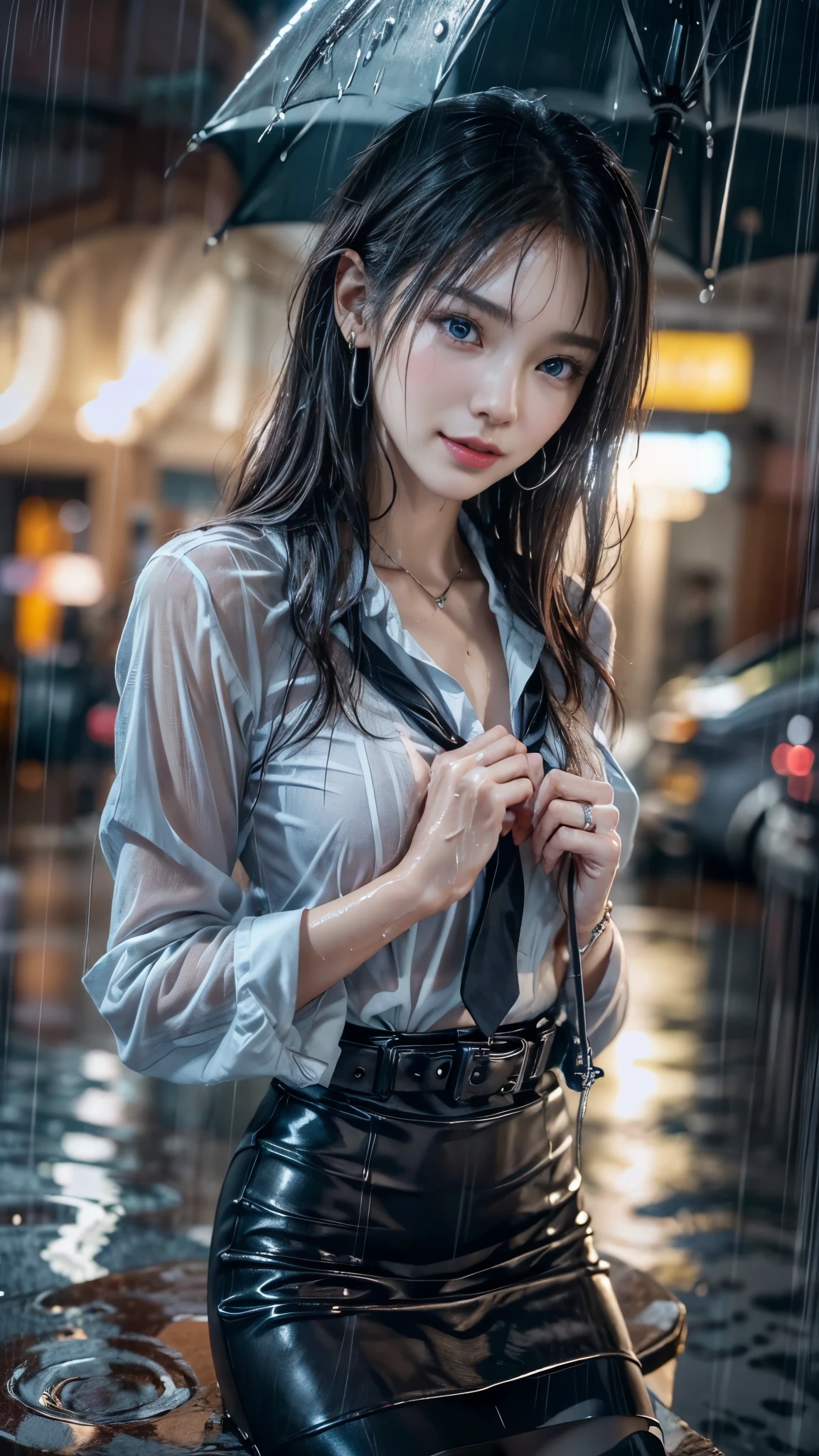 (RAW shooting, Photoreal:1.5, 8K, highest quality, masterpiece, ultra high resolution), perfect dynamic composition:1.2, Night street corner of a modern city, look up at the sky:1.3, (((Typhoon heavy rain))), Highly detailed skin and facial textures:1.2, Slim office lady wet in the rain:1.3, sexy beauty:1.1, perfect style:1.2, beautiful and aesthetic:1.1, Fair skin, very beautiful face, water droplets on the skin, (rain drips all over my body:1.2, wet body, wet hair:1.4, wet office skirt:1.2, wet office lady uniform:1.3), belt, (Medium chest, Bra is transparent, Chest gap), (look of resignation, embarrassing smile, The expression on your face when you feel intense caress, Facial expression when feeling pleasure), (beautiful blue eyes, Eyes that feel beautiful eros:0.8), (Too erotic:0.9, Bewitching:0.9), cowboy shot, Shoulder bag, necklace, earrings, bracelet, clock