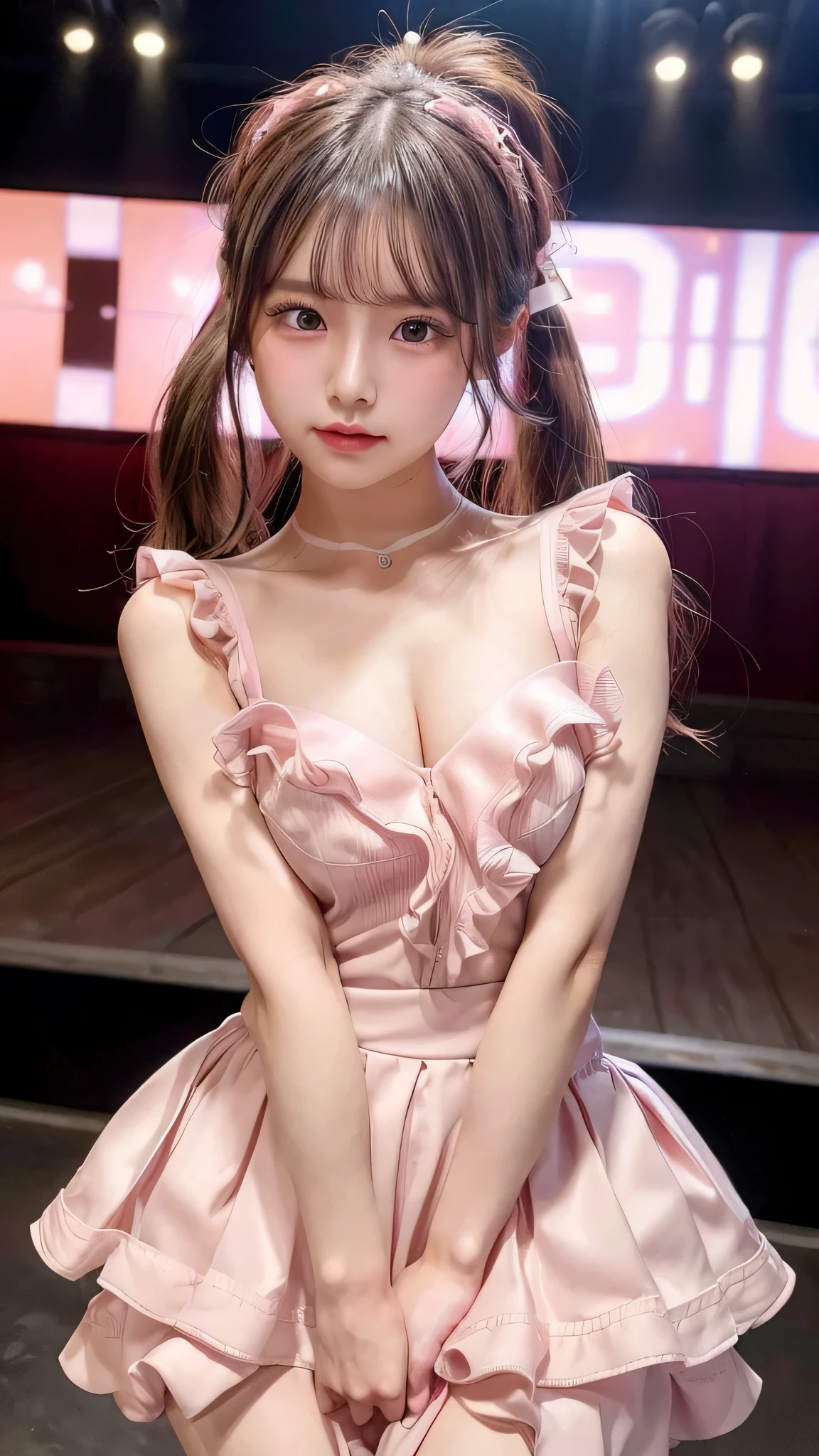 blush,small breasts,,long hair ponytail,on stage,Are standing,((8K, Raw photo, highest quality, pieces fly:1.2), (reality, realistic:1.4), (Highly detailed 8K wallpaper), written boundary depth, cinematic lighting, soft light, Details beauty eye,Shiny and smooth light brown ponytail, asymmetrical bangs, shiny skin, super dense skin ,High resolution, high detail, detailed hairstyle, Detailed beauty faces, hyper real, perfect limbs, perfect anatomy ,1 Japanese girl,famous japanese idol, perfect female body,shy smile,short eyelashes,double eyelid,look straight here,Hair style is ponytail、Long pink dress with lots of frills, soft shaped skirt, standing on stage,pink ribbon on head,She is wearing a long skirt with lots of frills..