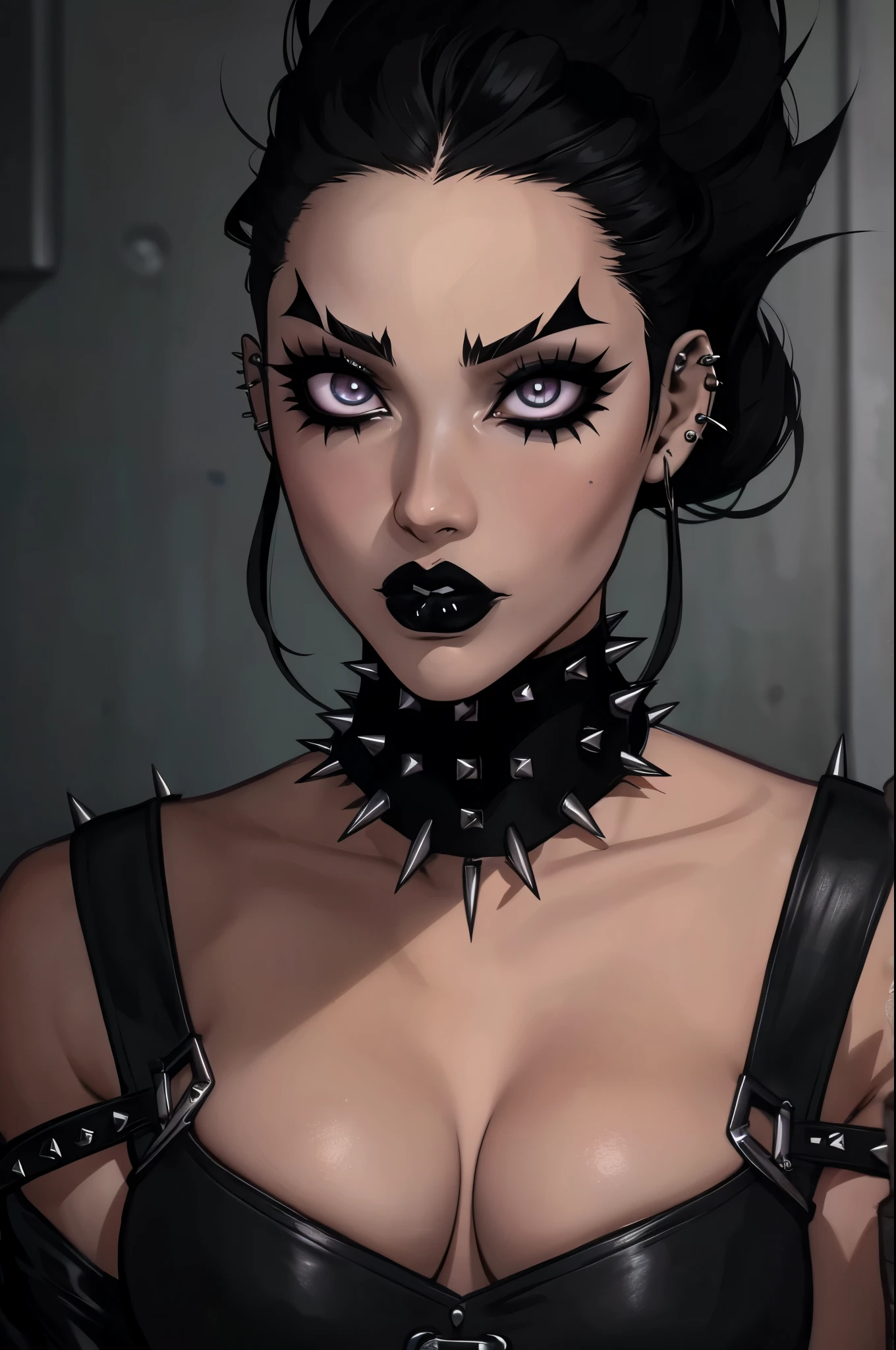 a close up of a woman, anime vibes, -yeld gogirl, thick lips, goth girl aesthetic, wearing spikes and piercings, piercing stare, sexy face with full makeup, wearing black choker, black hair and large eyes