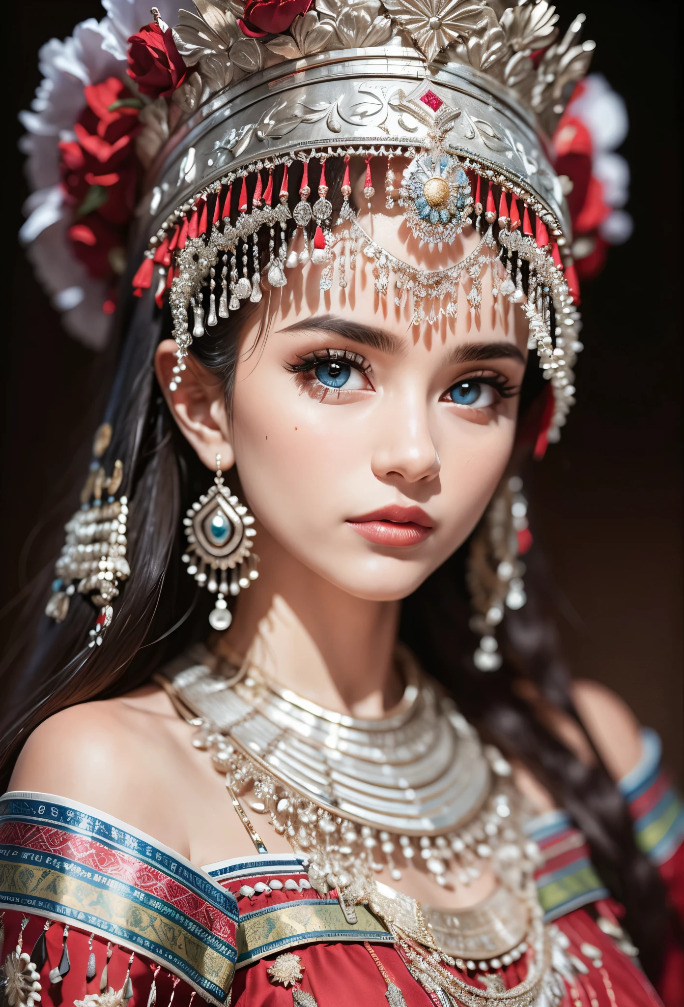 (masterpiece，high quality，8K).art photography，medium shot，symmetry，beautiful girl，exquisite facial features，Skin details，Bright Eyes，unique，minority，Exaggerated headdress，tassels on hat，exaggerated jewelry，Silver crown，silver tiara：1.37，dark ethnic clothing，Look at the camera，Look at the audience，Red and black as main colors，blur background