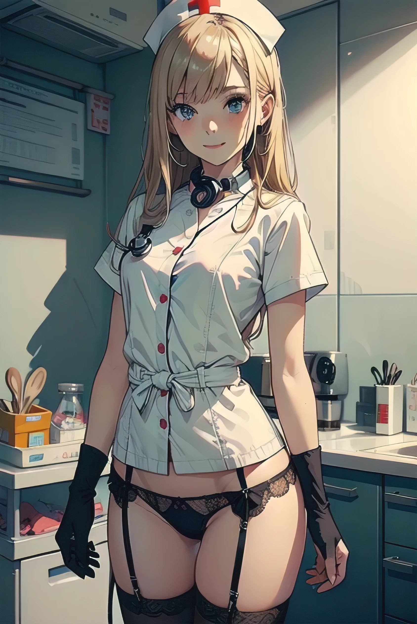 1 girl, alone, nurse, nurse cap, (white micro clothes:1.1), (Lace black panties:1.2),(put panties aside:1.5),((black legwear, zettai ryouiki, small breasts)), ((thin legs,thin waist)),white gloves, blonde, long hair, Moist blue eyes, droopy eyes, smile, Are standing, ((hospital room)), Kitchen knife in hand, Knife blood, stethoscope worn around the neck, sharp outline, short sleeve, highest quality, masterpiece