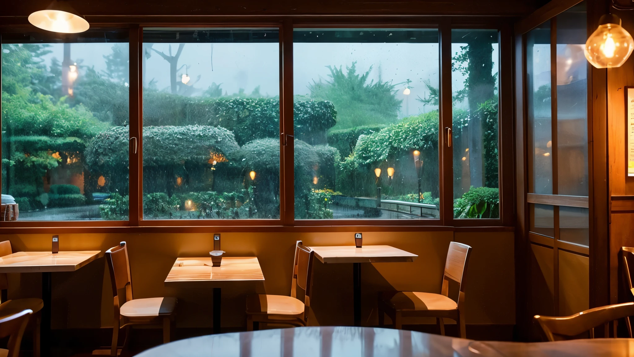 “An elegant cafe by a large window with rain outside. On the table, there is coffee and a chocolate cake.”