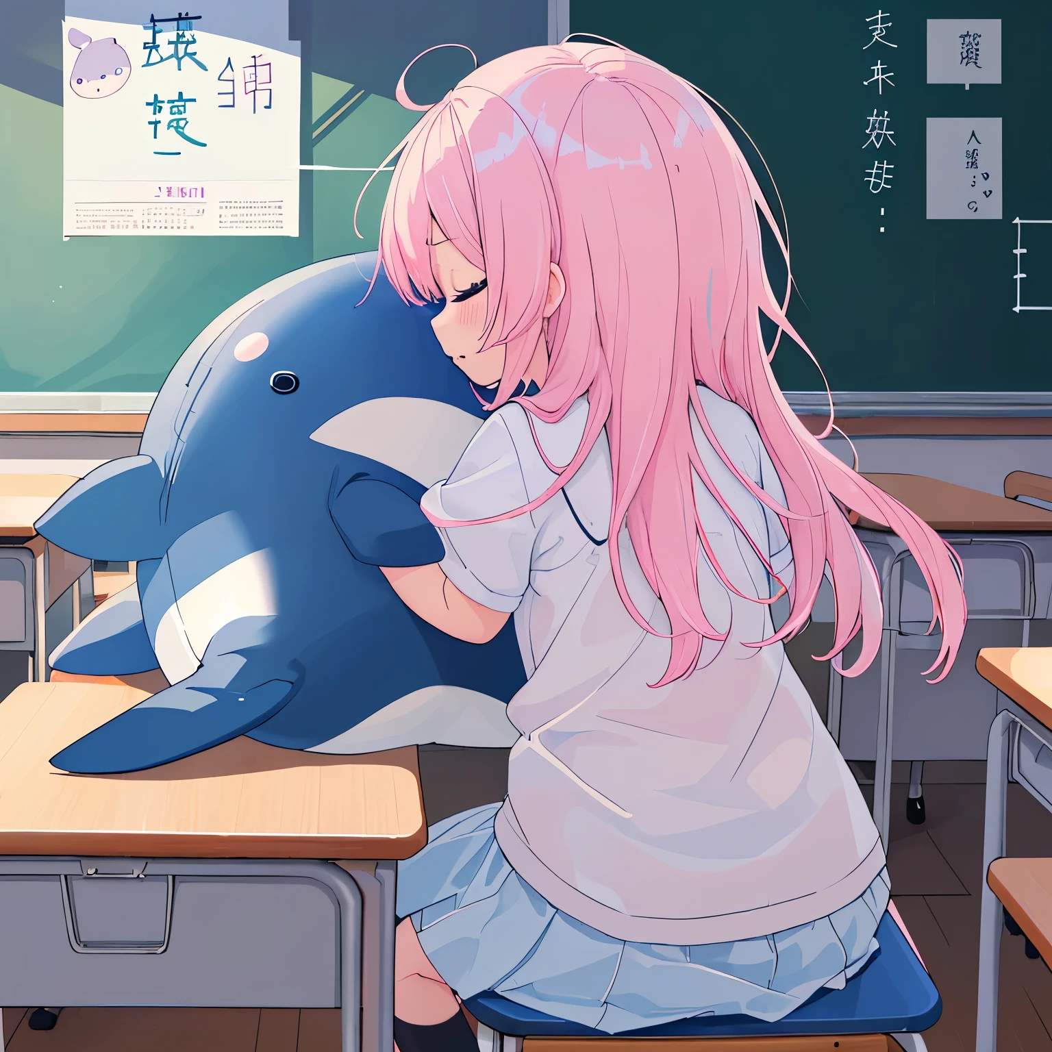 ((cute))、((high resolution))，((solo))、((sleep))机に突っ伏してsleep女の子、bright background、Blue sky、cute、big stuffed whale🐳、inside the classroom、pink hair、back view