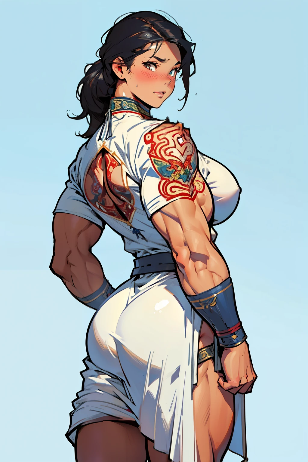 (high resolution, pixel perfect, gorgeous illustrations), (hyper quality, muste piece, etheric: 1.4), ((1girl)), (((((arched back))))), ((tattoo)), ((mature woman)), cool atmosphere, ((((orgasm)))), (((blush))), (((((((muscular))))))), ((thick thighs)), (((wide hips))), ((Big breasts that are about to burst)), fighter, (((woman))), ((((wh_chi_armor)))), lewd woman, (shiny skin), sweat, simple background,