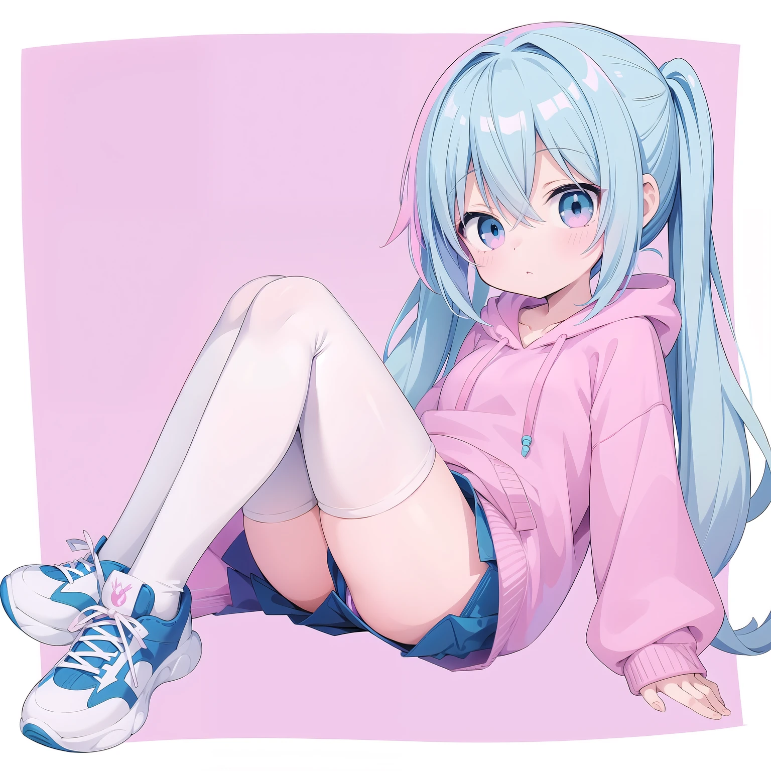 anime girl with blue hair and pink hoodie laying on the ground, cute anime girl, Anime cute art style, anime girl, (anime girl), an anime girl, pretty anime girl, the anime girl is crouching, Pink ponytail hair and cyan eyes, cute anime style, anime art style, digital animation art!!, Anime Best Girls, young anime girl