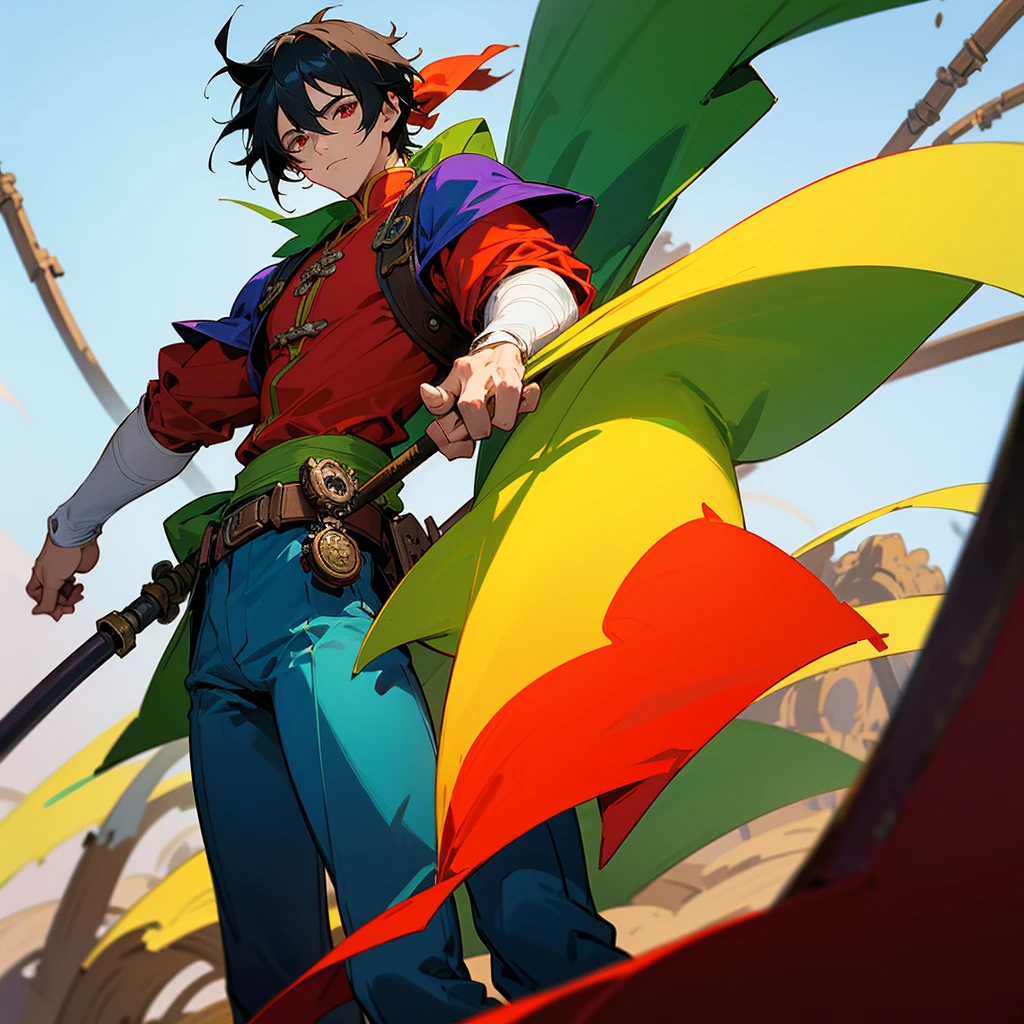 Anime cell shading of Tir McDohl from videogame series "Suikoden", holding his staff, slim asian young man, black hair, chinese clothes, red shirt, white sleeves, yellow pants, red eyes, purple bandana on his head, wearing a green cape, an ancient steampunk green town as background, blue sky with white clouds,