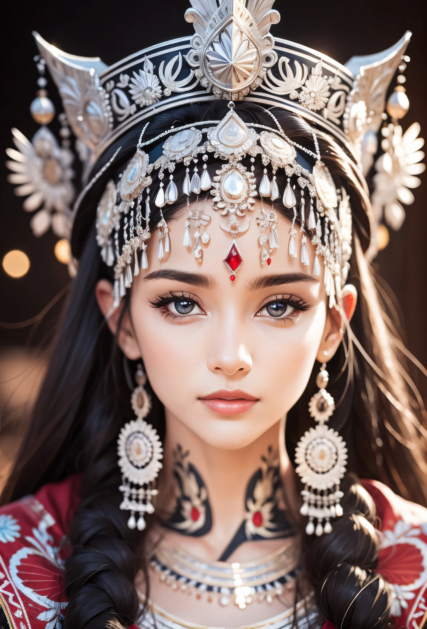 (masterpiece，high quality，8K).art photography，medium shot，symmetry，beautiful girl，exquisite facial features，Skin details，Bright Eyes，unique，minority，Exaggerated headdress，tassels on hat，exaggerated jewelry，Silver crown：1.5，silver tiara：1.37，dark ethnic clothing，Look at the camera，Look at the audience，Red and black as main colors，blur background