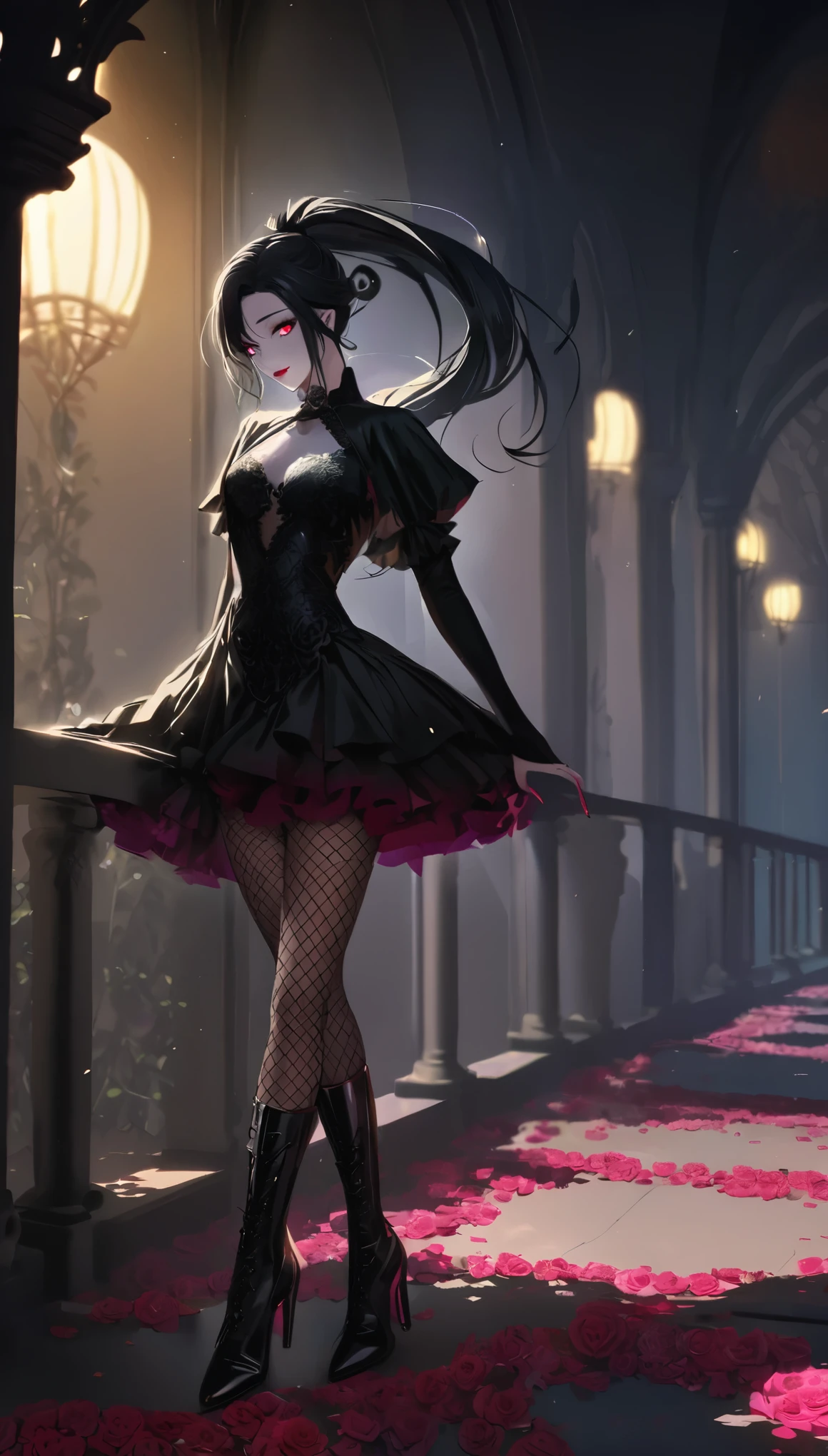 (dark atmosphere,goethe fashion,bright colors),(highest quality,Super exquisite item,),sexy goth elf girl,rose garden at night,beautiful and delicate eyes,Blue pointed black straight ponytail,Crow's feathers,red lipstick,mysterious smile,pale complexion,Fishnet tights,black lace dress,Aura like a pointed toe boot,The moonlight reflects her graceful silhouette,soft shadows and highlights,Contrasting colors create a vibrant atmosphere,Dark and moody color palette,Subtle and dramatic lighting effects,Sublime darkness and exquisite moonlight intertwine
