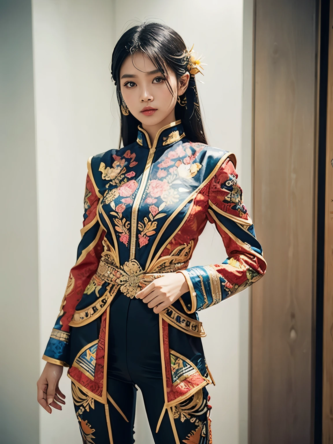 An Indonesian-styled futuristic suit worn by a girl depicting cultural fusion and modern fashion. The suit is adorned with intricate patterns and vibrant colors, showcasing the rich heritage of Indonesia. The girl stands confidently in a dynamic pose, with her detailed eyes reflecting determination and curiosity. The suit's material is a combination of traditional textiles and futuristic synthetic fabrics, giving it a unique and avant-garde appearance. The overall image quality is of the highest standard, with sharp focus and ultra-detailed rendering. The artwork employs physically-based rendering techniques, resulting in realistic lighting and shadows. The colors are vivid and vibrant, capturing the essence of Indonesian cultural aesthetics. The background features a fusion of modern architecture and traditional elements, creating a harmonious blend of the past and the future. The prompt explores the intersection of Indonesian culture, futuristic design, and the artistic representation of a confident girl